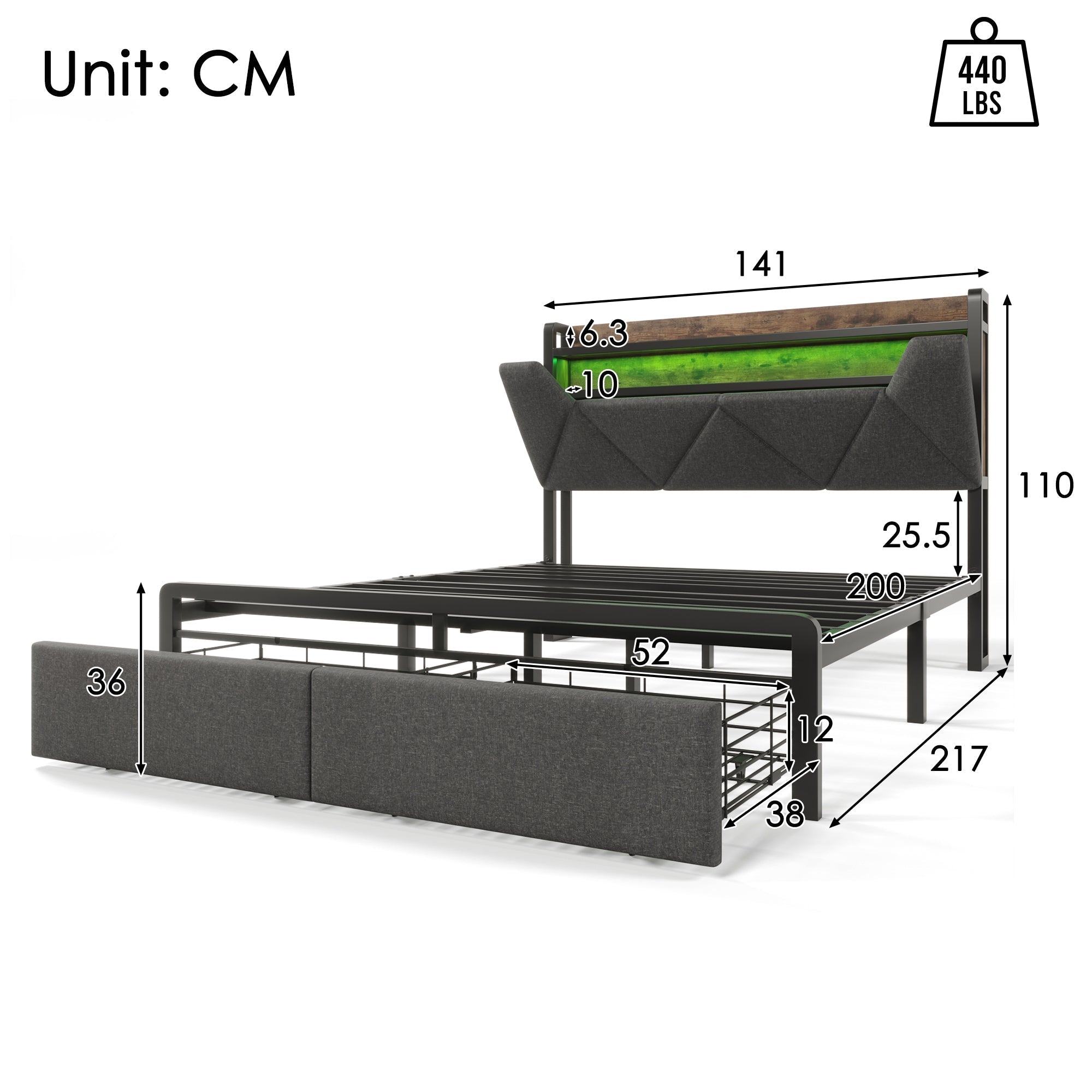 Upholstered Bed, USB-C, Storage Headboard, LED, Drawers, 140x200cm, Metal Frame, Gray