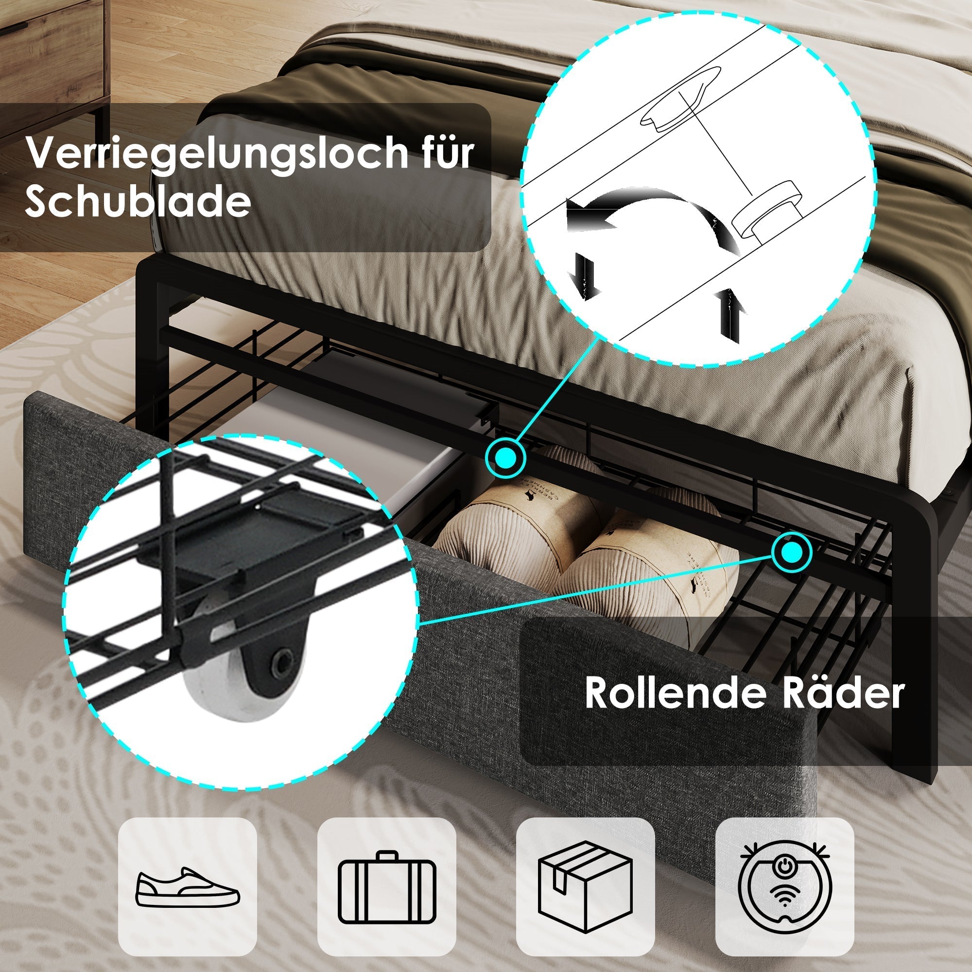 Upholstered Bed with USB-C Charging, LED Headboard, Drawers, Single 90x200cm - Metal Slatted Base, Grey
