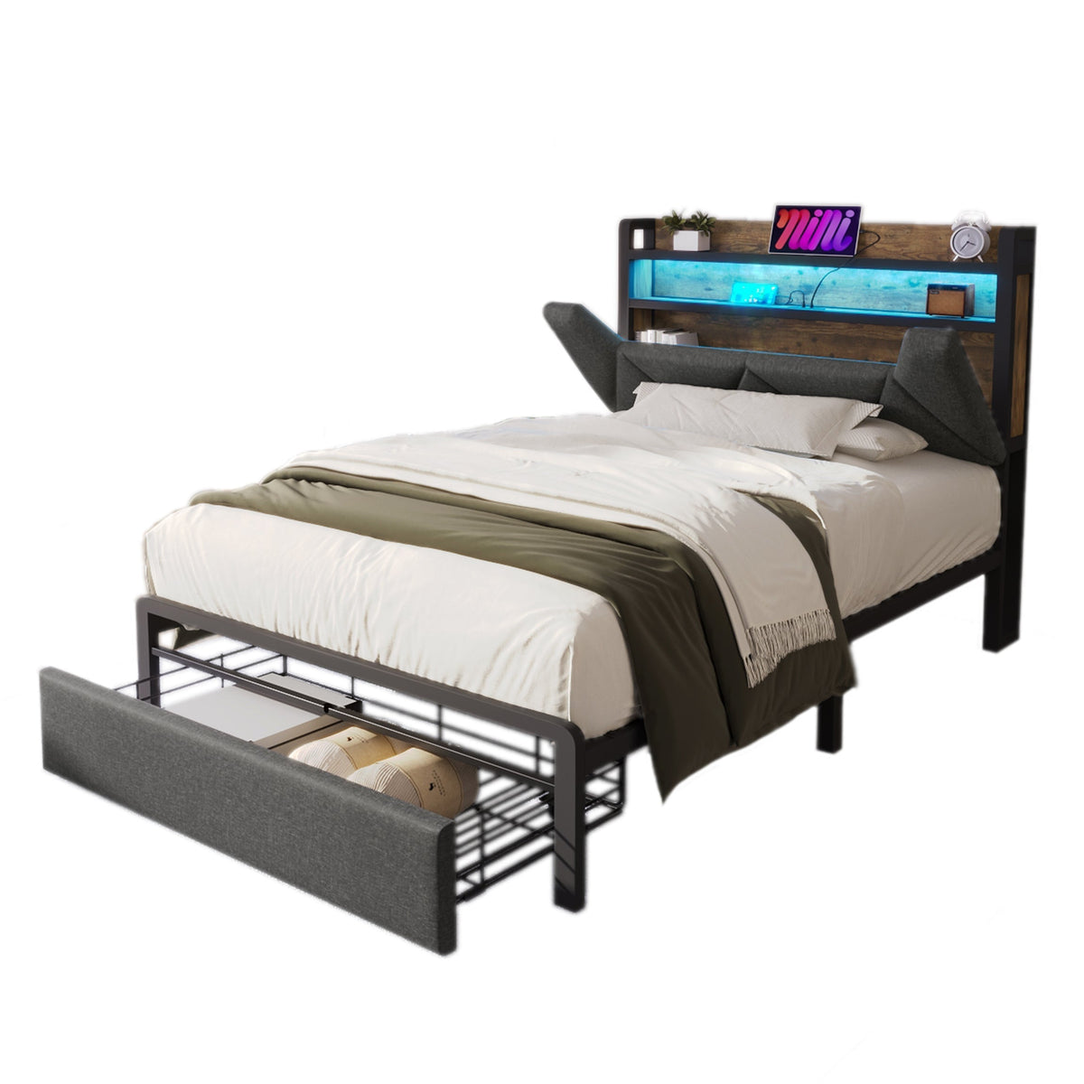 Upholstered Bed with USB-C Charging, LED Headboard, Drawers, Single 90x200cm - Metal Slatted Base, Grey