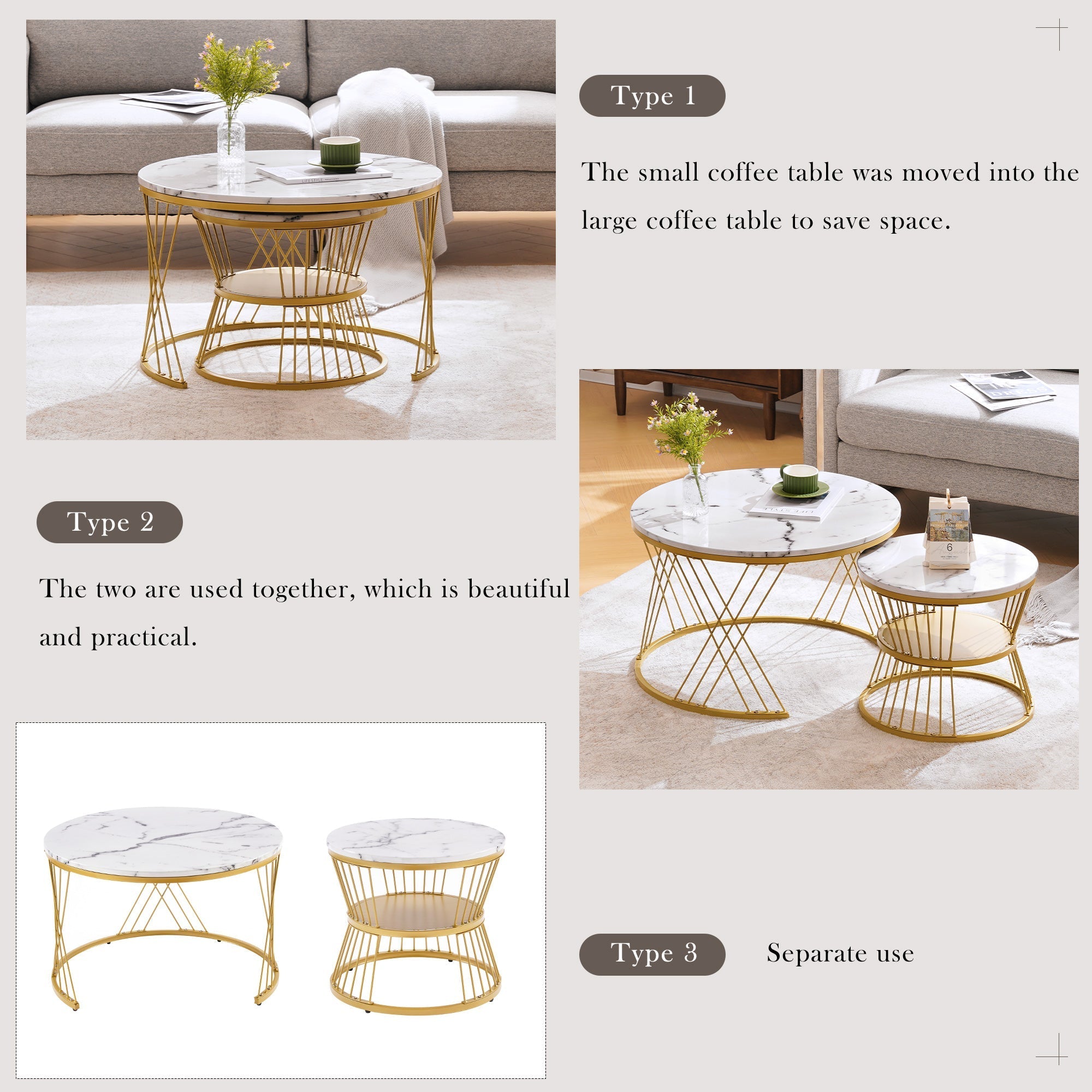 Nesting Coffee Table Set High Gloss Marble Veneer Round 2-Piece - Gold Frame