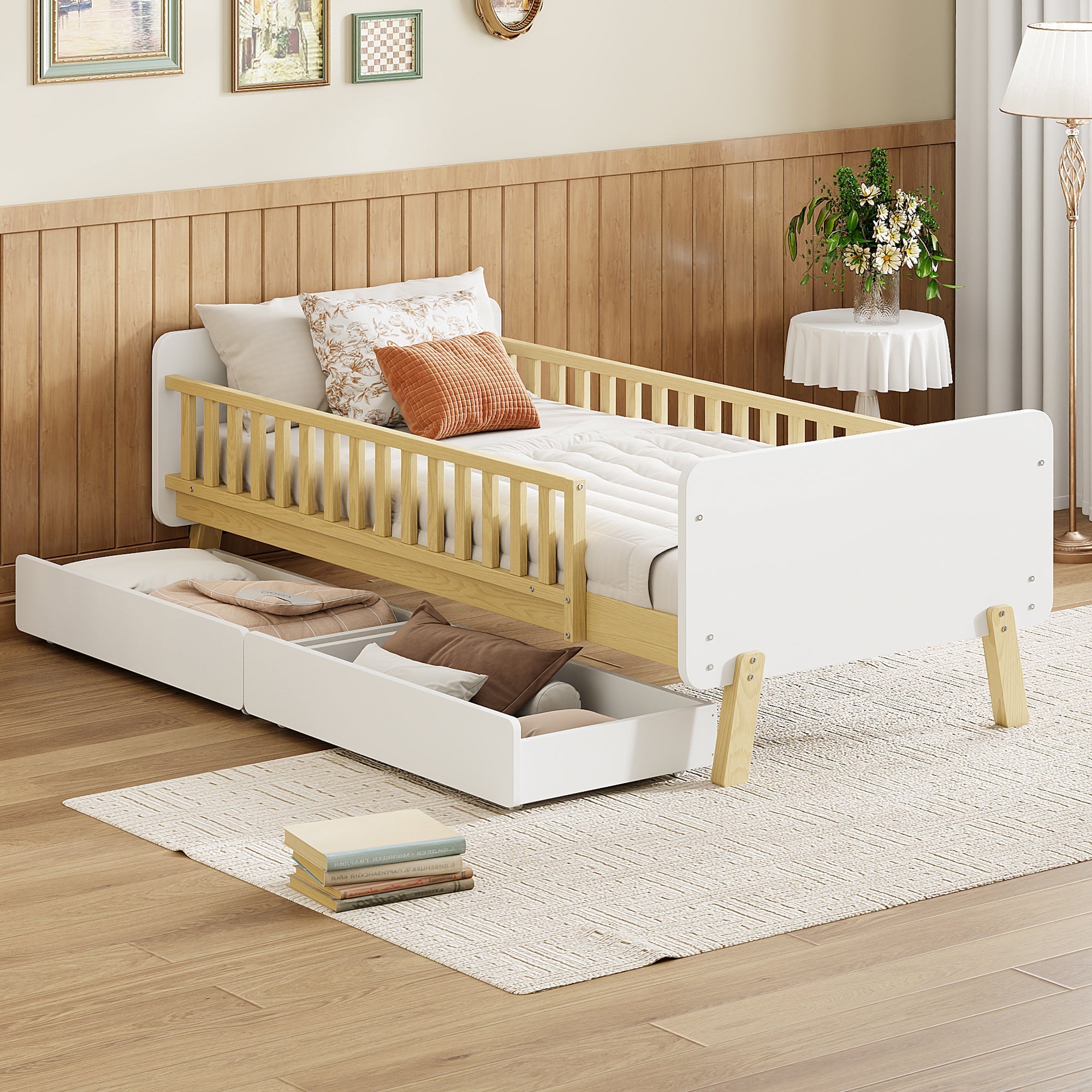 Children's Bed 90x190 Single with 2 Drawers, Solid Wood White