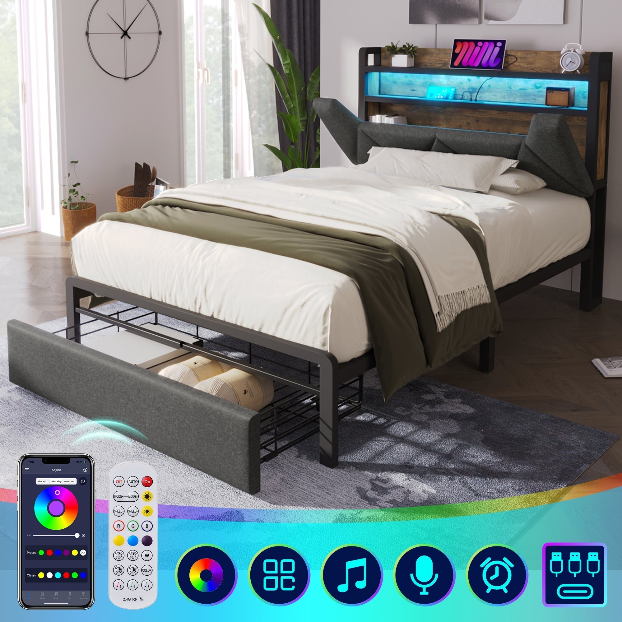 Upholstered Bed with USB-C Charging, LED Headboard, Drawers, Single 90x200cm - Metal Slatted Base, Grey