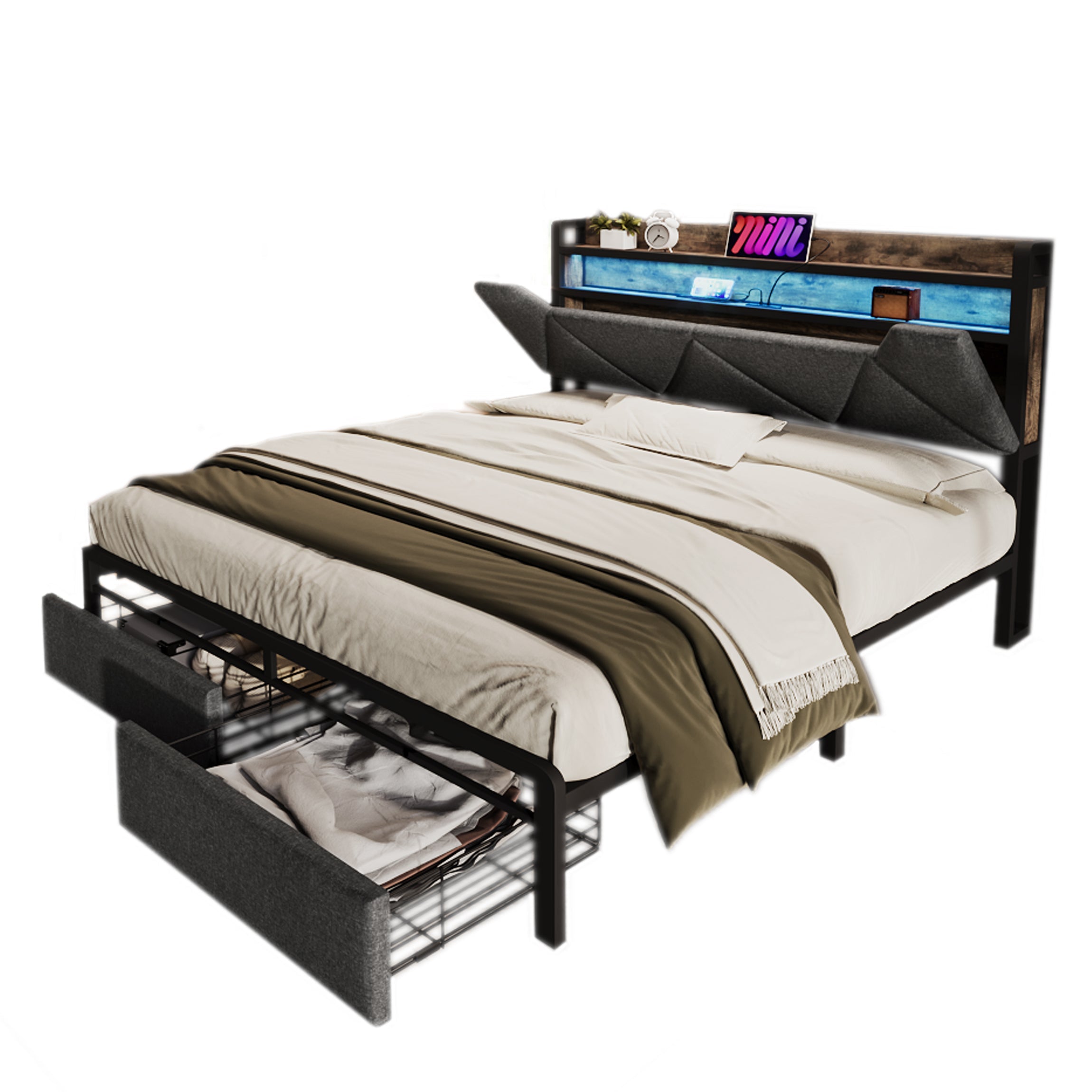 Upholstered Bed, USB Type-C, LED, Drawers, 160x200cm, Gray