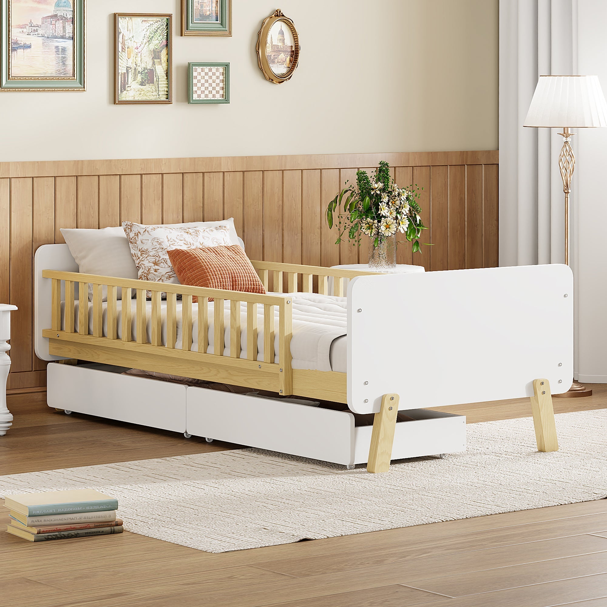 Children's Bed 90x190 Single with 2 Drawers, Solid Wood White