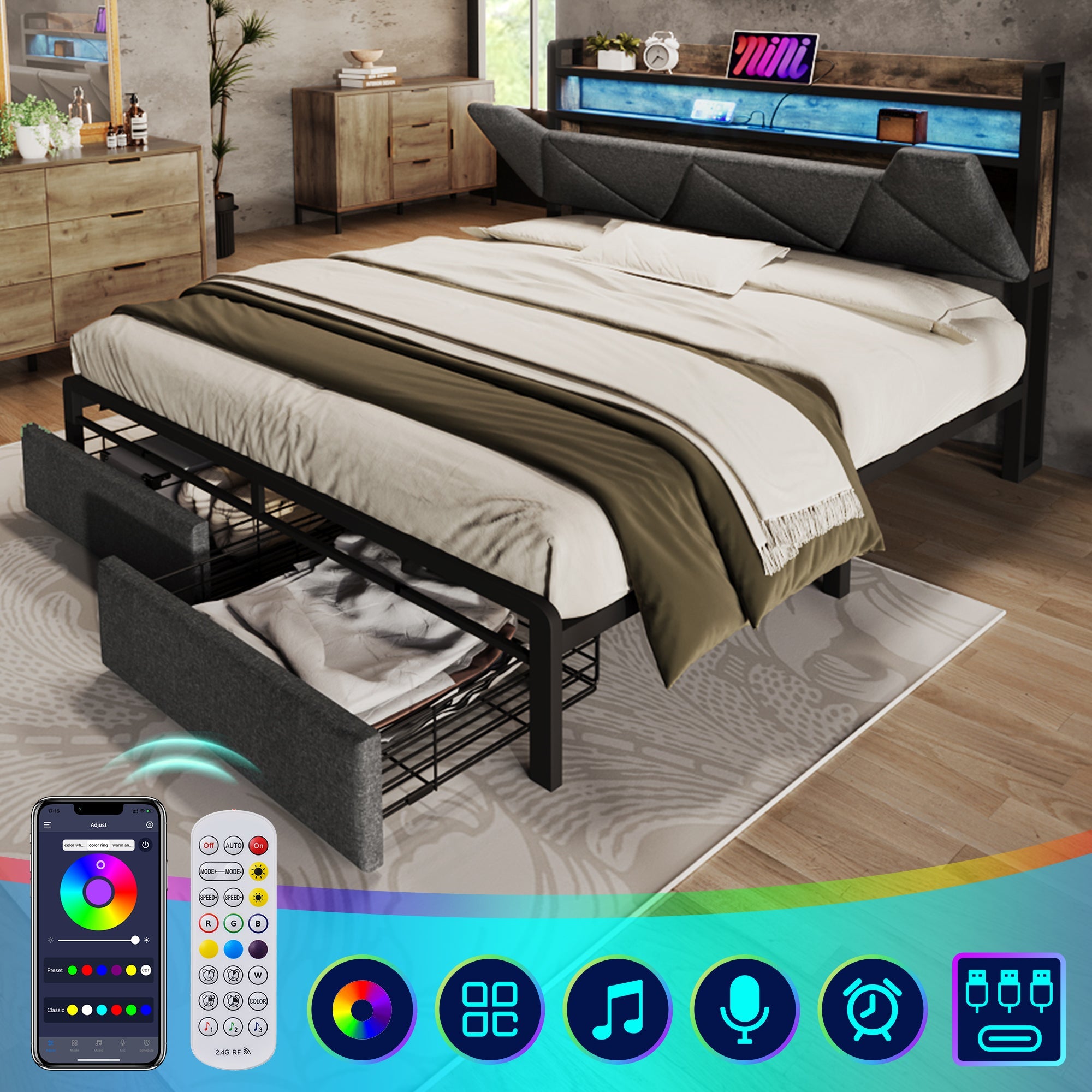 Upholstered Bed, USB Type C Charging, LED Lighting, Storage Headboard & Drawers, 160x200cm, Gray