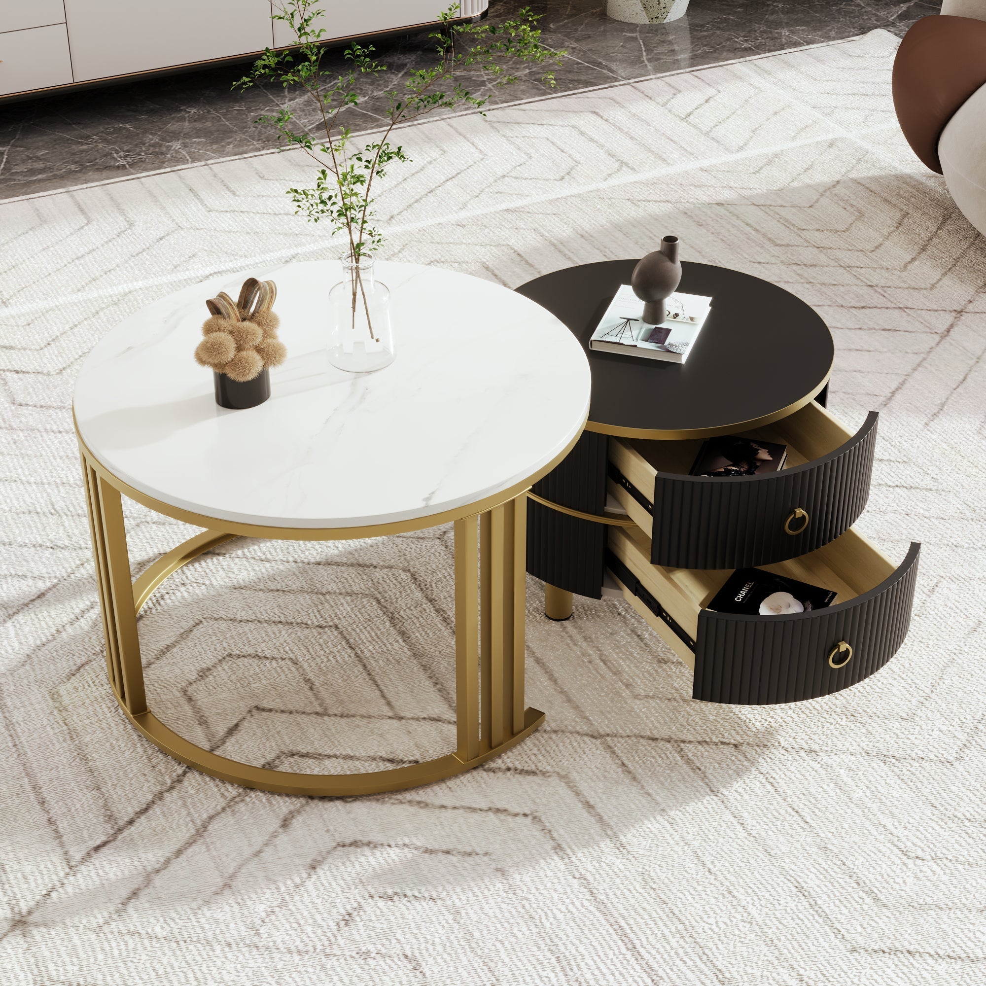 2-in-1 Round Coffee Table/Side Table, 2 Drawers, Glossy/Marble Top, MDF
