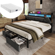 Upholstered Bed, 140x200 with USB-C, LED, Storage Drawers & Headboard, Gray with Metal Frame