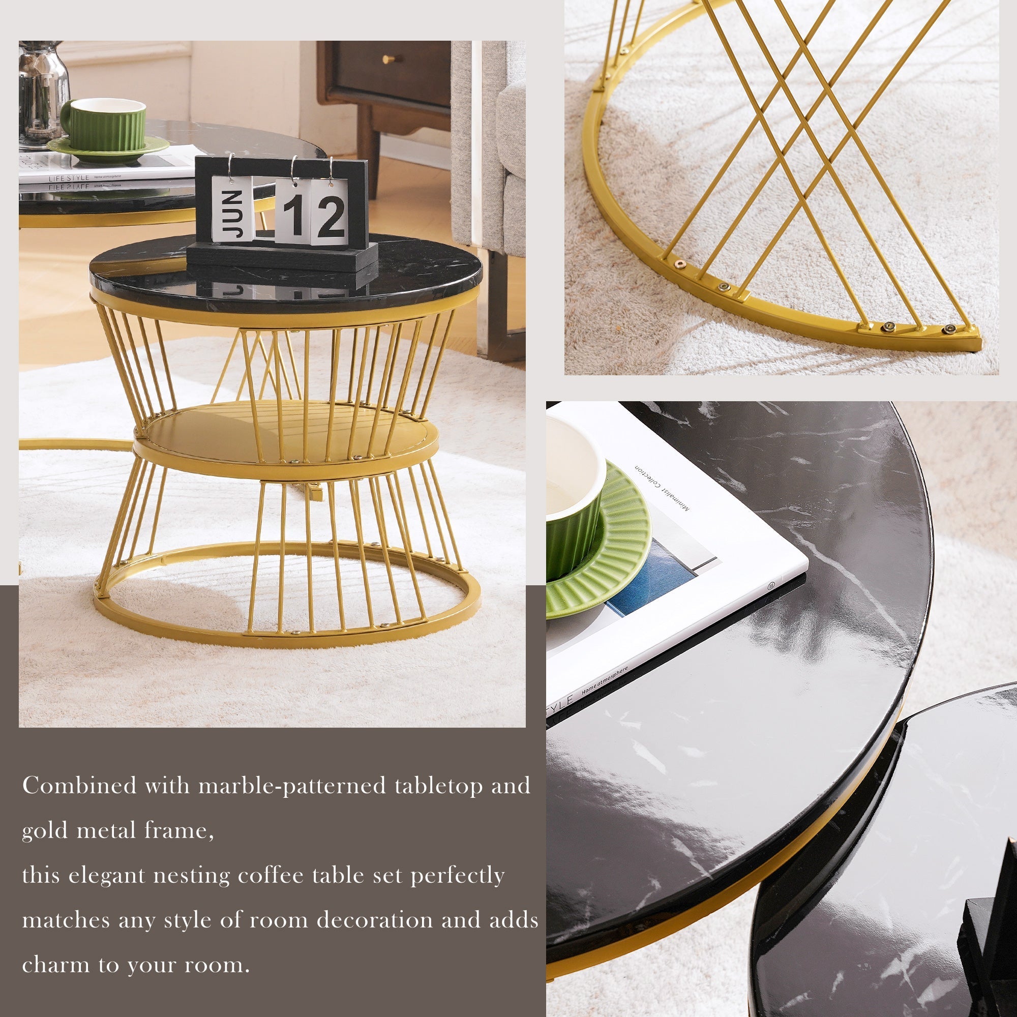 Nesting Coffee Table Set of 2 Round High Gloss Marble Veneer Gold Frame