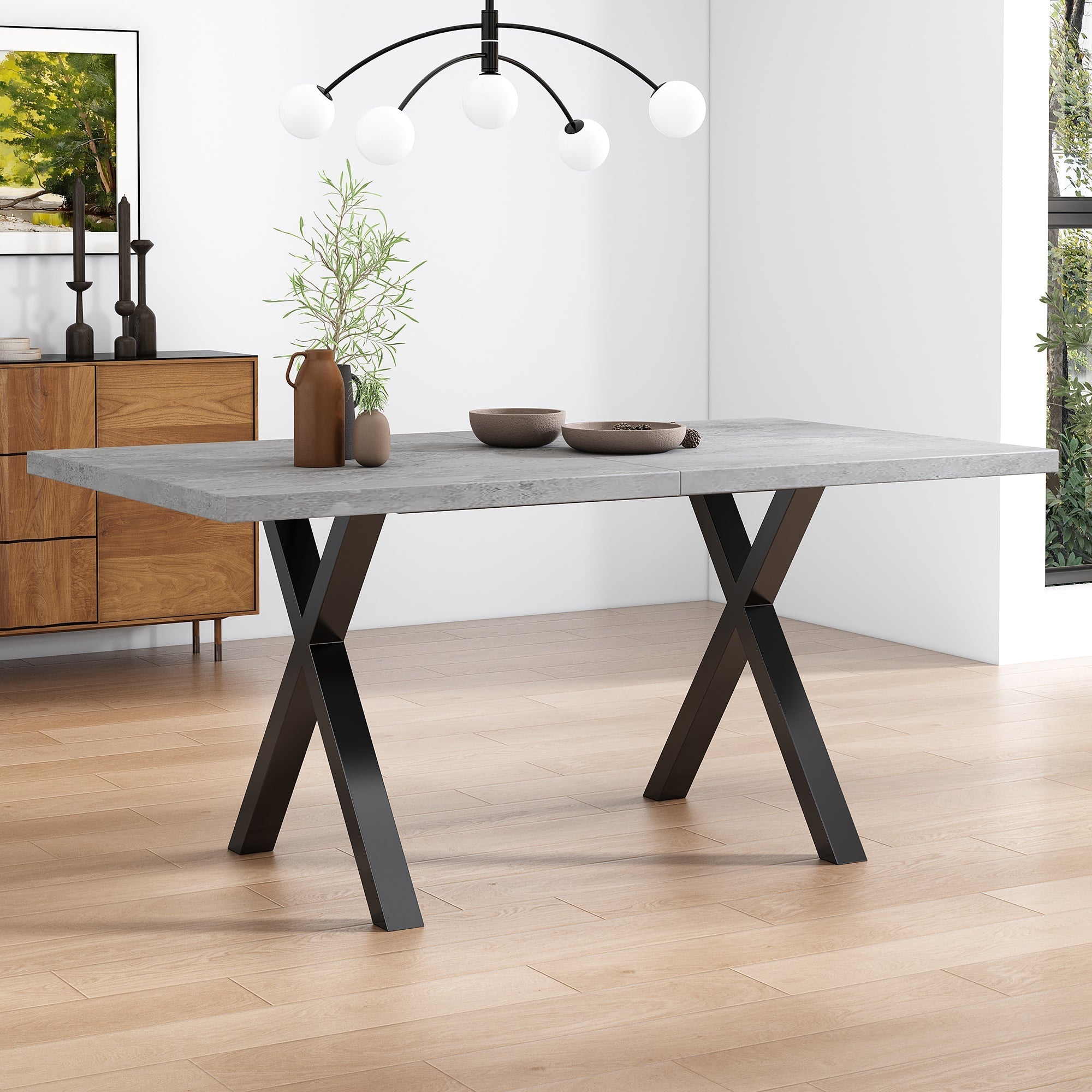 Dining Table Rectangular 140x80cm Crossed Legs Wrought Iron - Concrete Look/Black