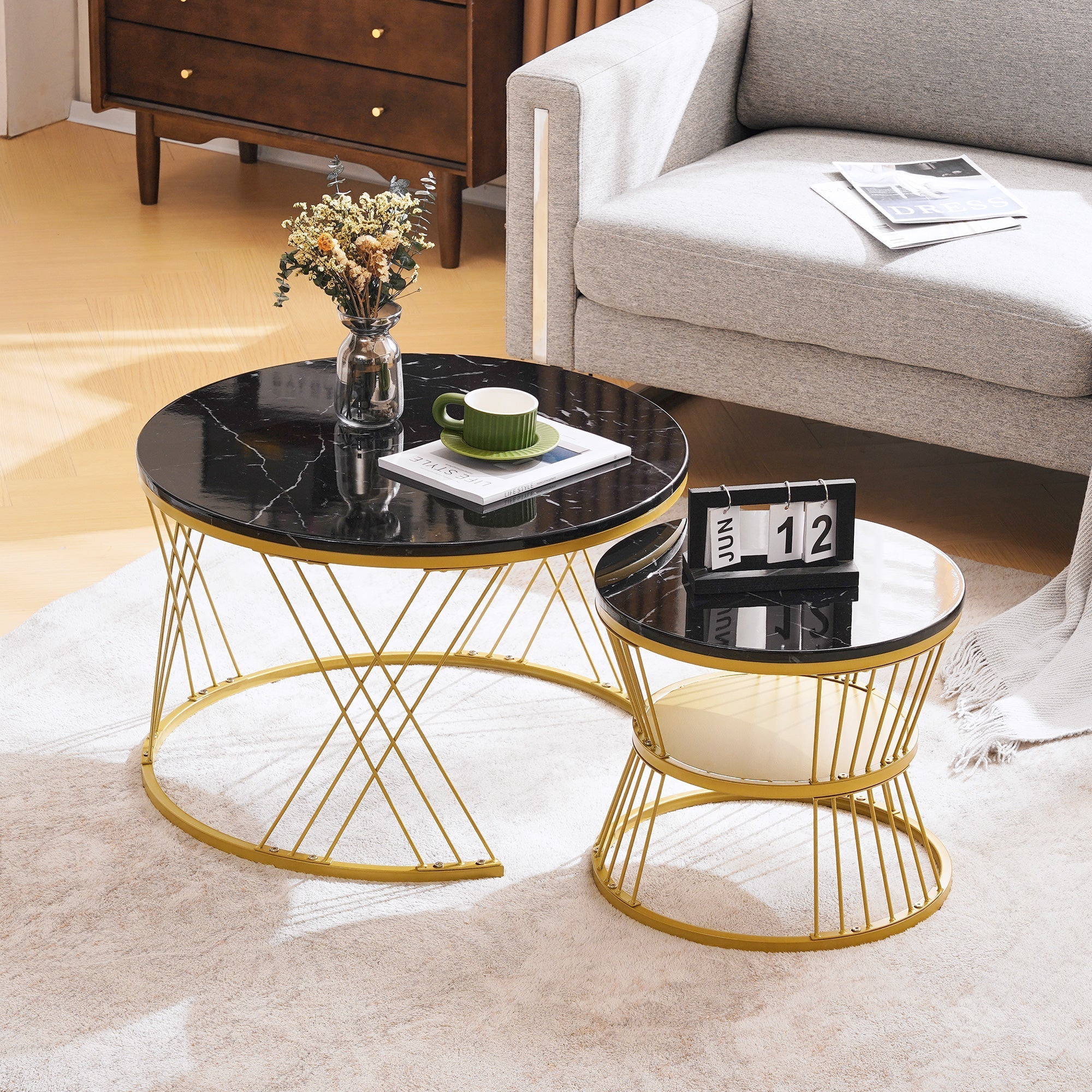 Nesting Coffee Table Set of 2 Round High Gloss Marble Veneer Gold Frame