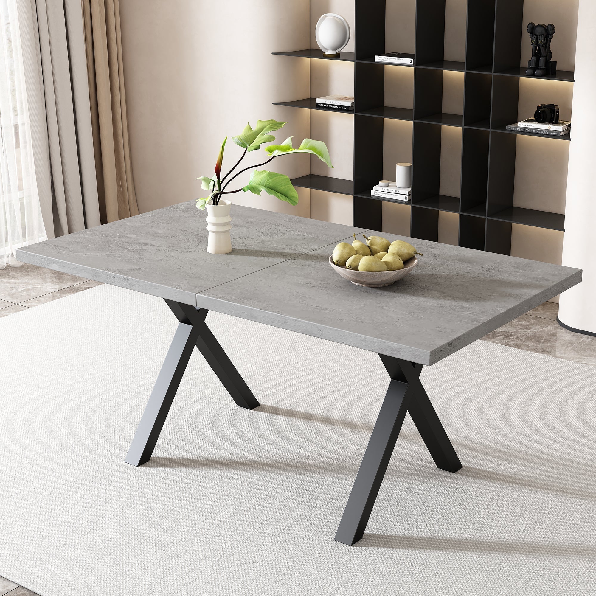 Dining Table Rectangular 140x80cm Crossed Legs Wrought Iron - Concrete Look/Black