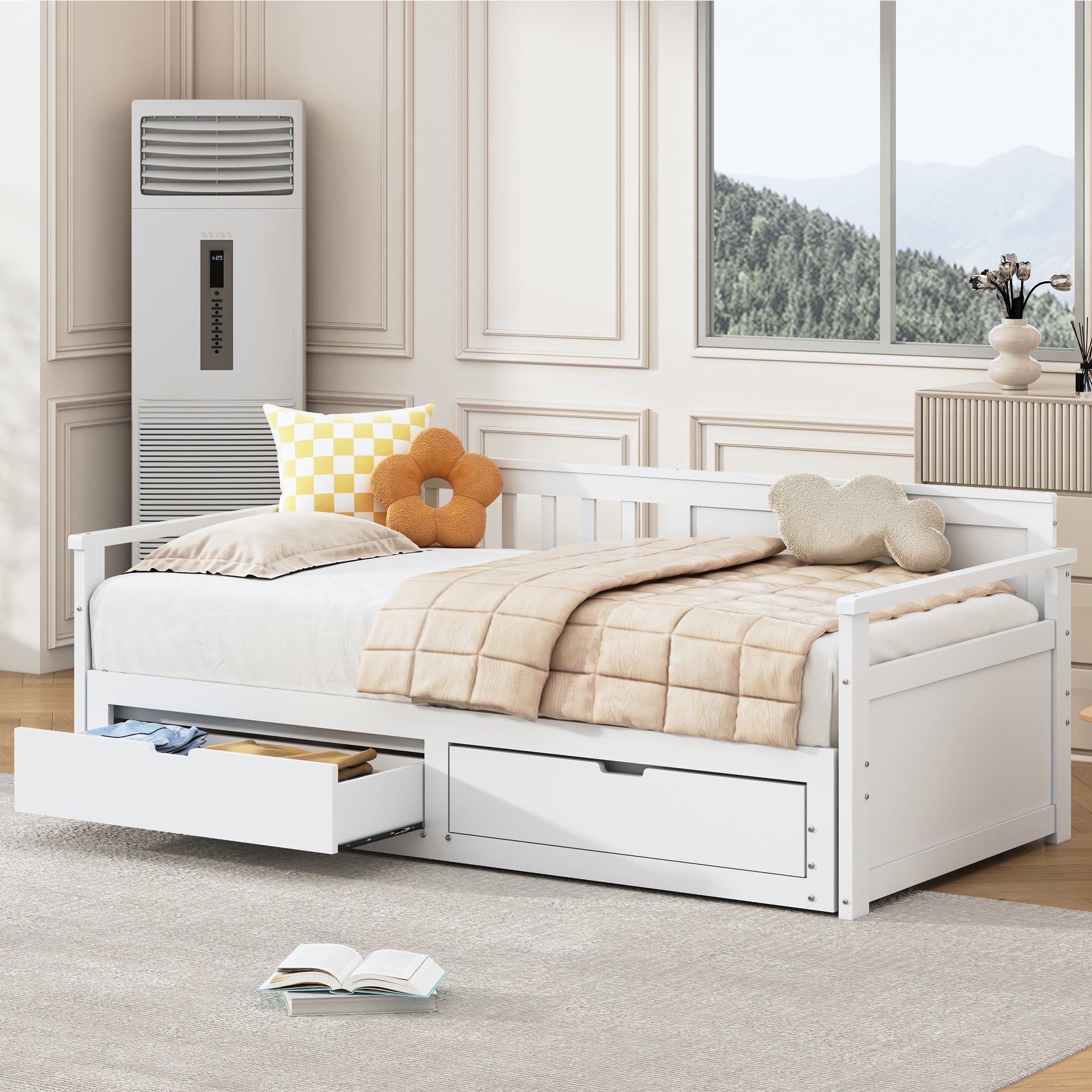 Daybed 90(180)x190 Pine with Drawers and Pull-out Bed, White