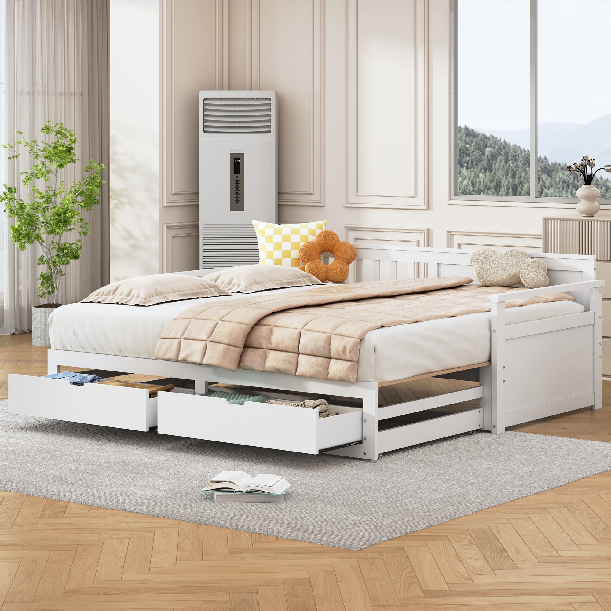Daybed 90(180)x190 Pine with Drawers and Pull-out Bed, White