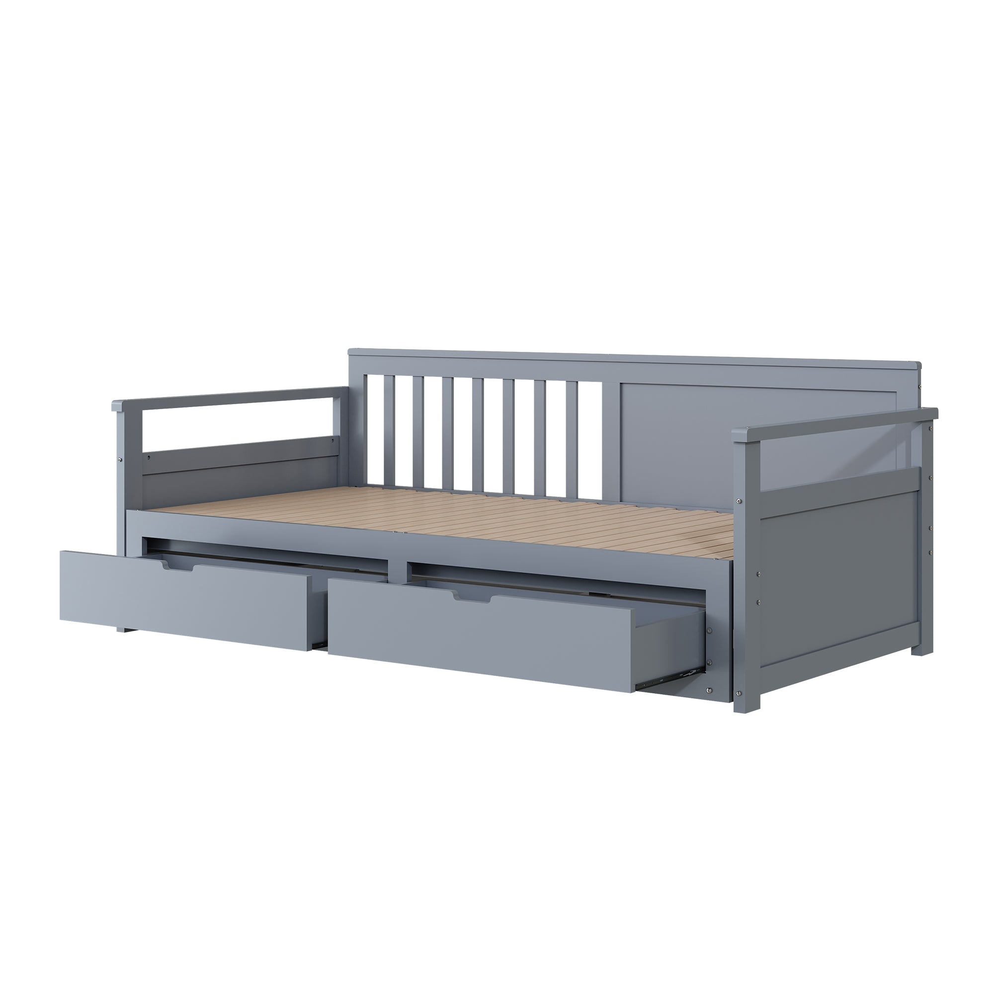 Day Bed, Multifunctional Two-in-One with Drawers, Pull-Out, Pine, Grey