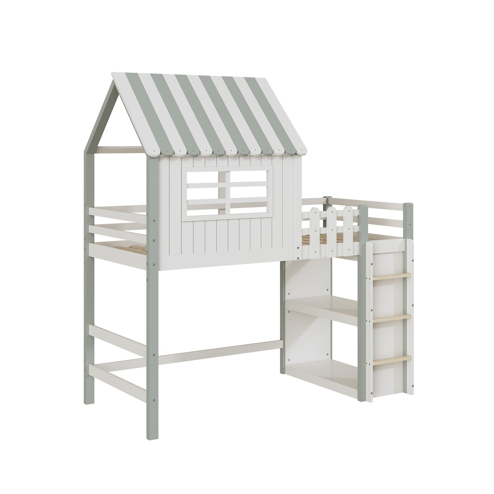 Children's Bed, High & Low Roof Shape with Ladder & Storage, Solid Wood, Green