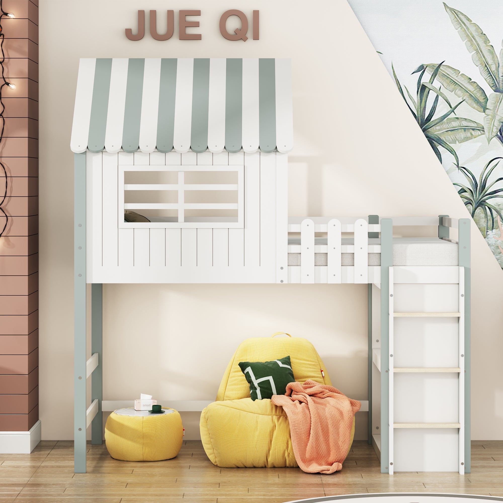 Children's Bed, High & Low Roof Shape with Ladder & Storage, Solid Wood, Green