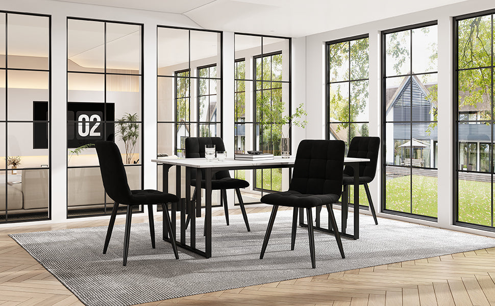 Dining Set (5-piece), 140x80cm Table with Black Metal Legs, White MDF & Black Velvet