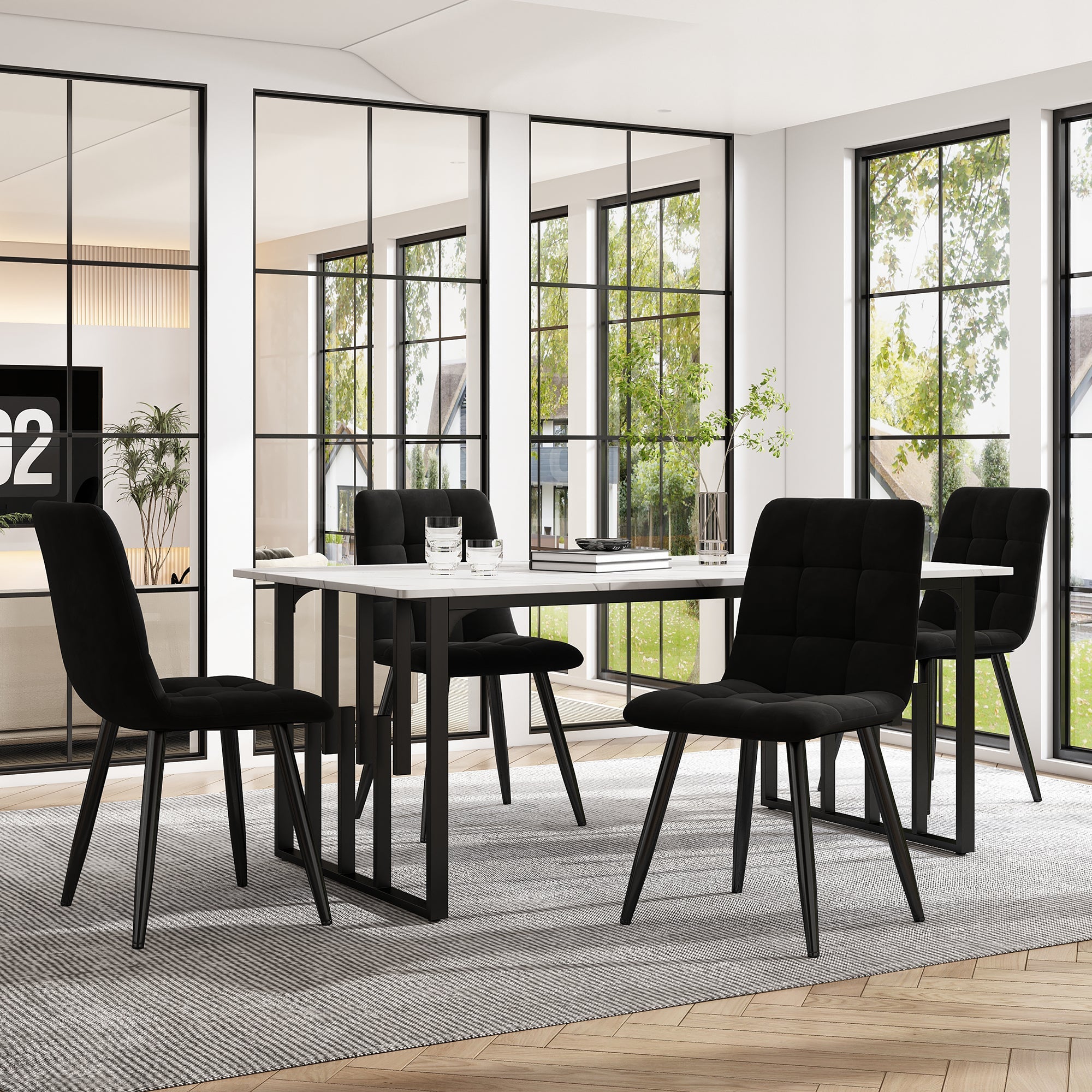 Dining Set (5-piece), 140x80cm Table with Black Metal Legs, White MDF & Black Velvet