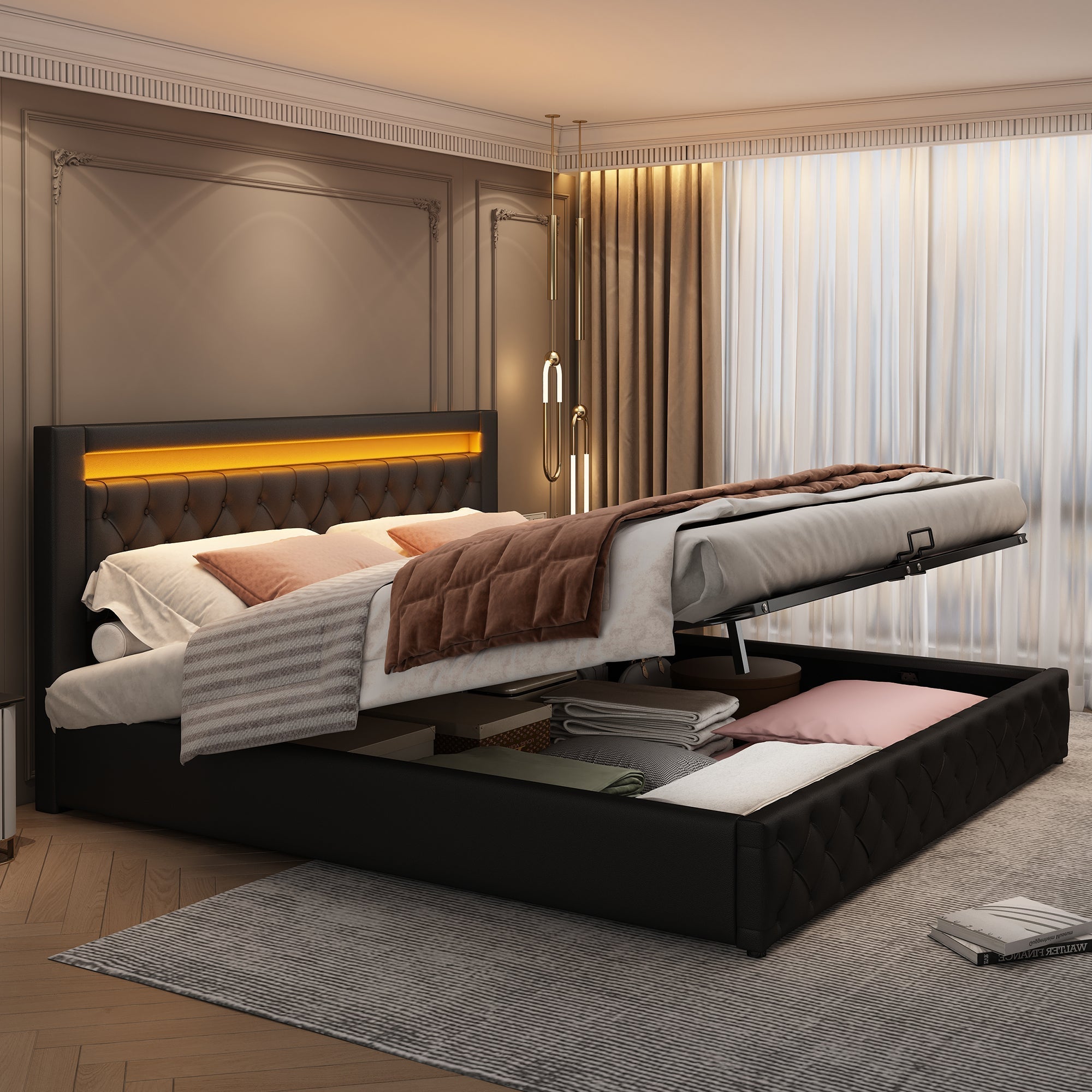 Upholstered Bed 140x200cm Storage LED Slatted Frame - Black PU