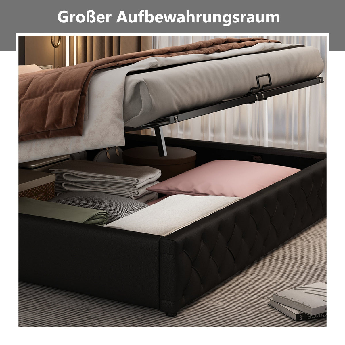 Upholstered Bed 140x200cm Storage LED Slatted Frame - Black PU