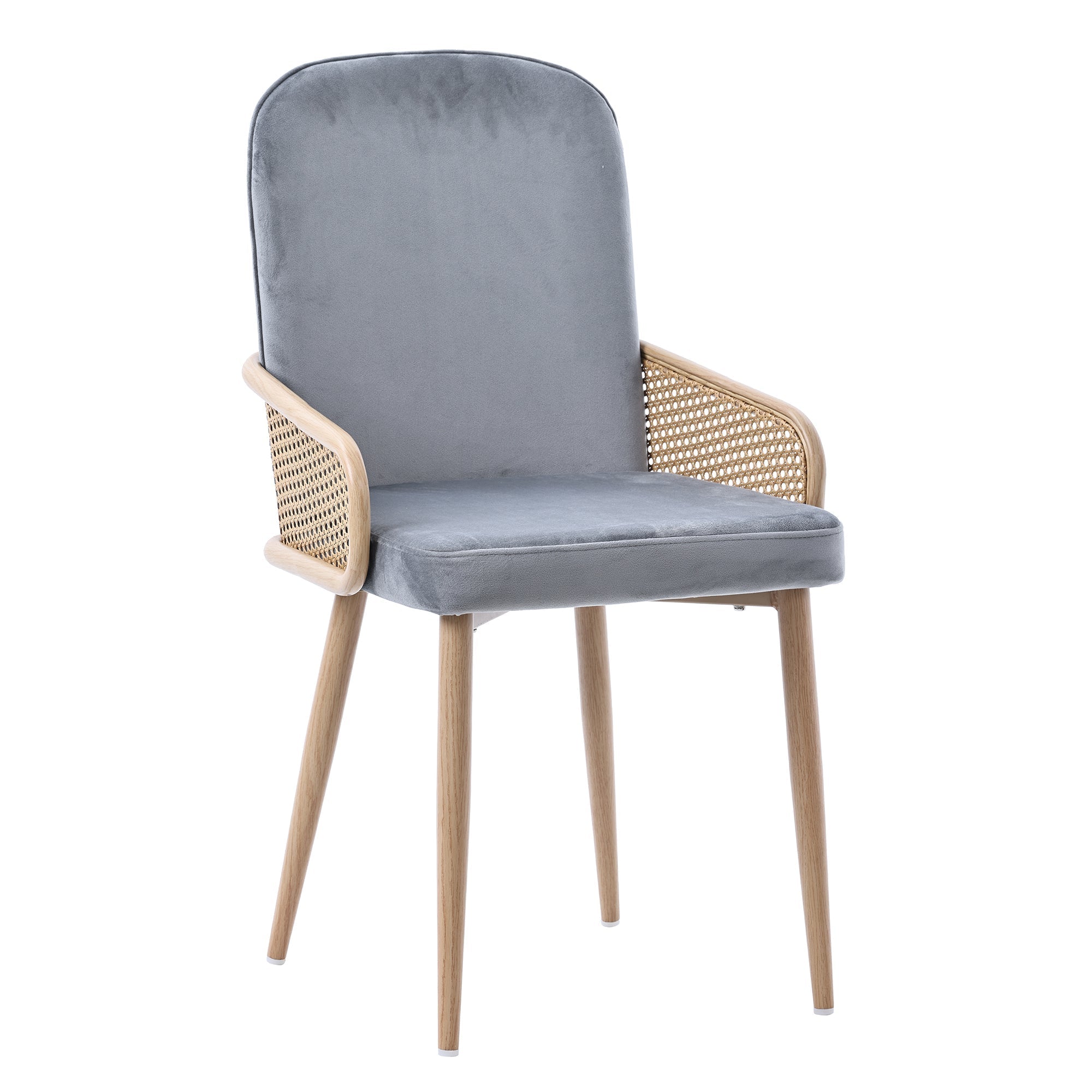 Velvet Dining Chair Set of 6 with Rattan Design and Metal Legs, Grey