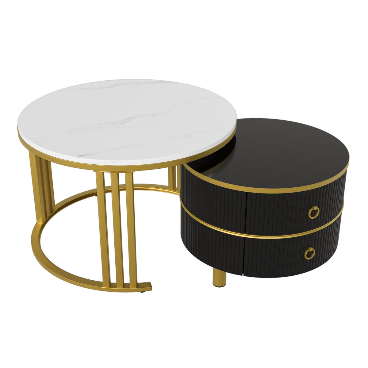 2-in-1 Round Coffee Table/Side Table, 2 Drawers, Glossy/Marble Top, MDF