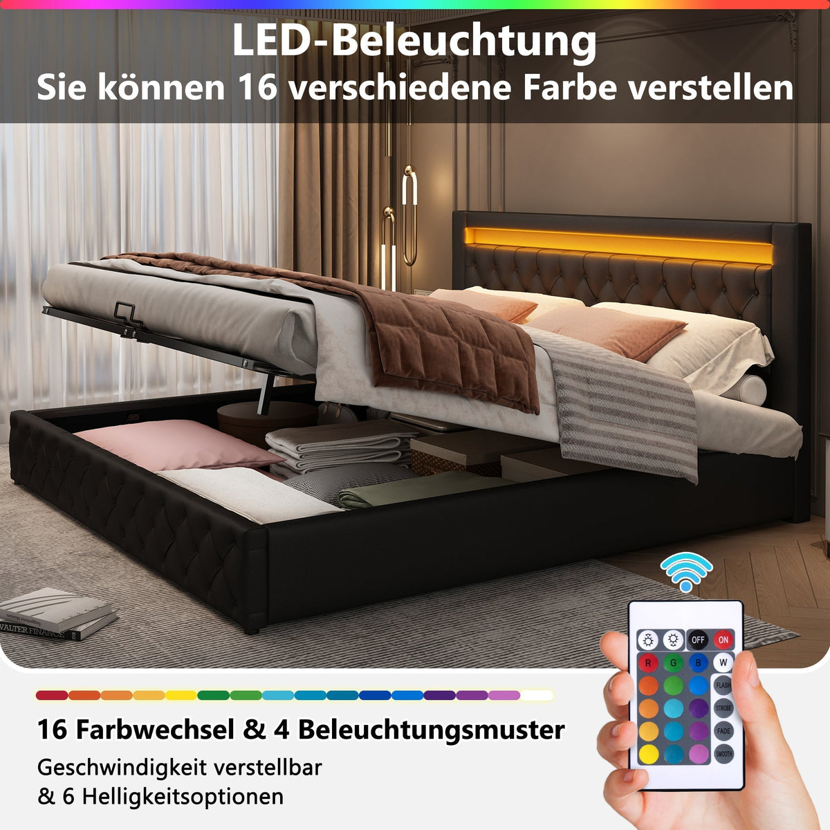 Upholstered Bed 140x200cm Storage LED Slatted Frame - Black PU