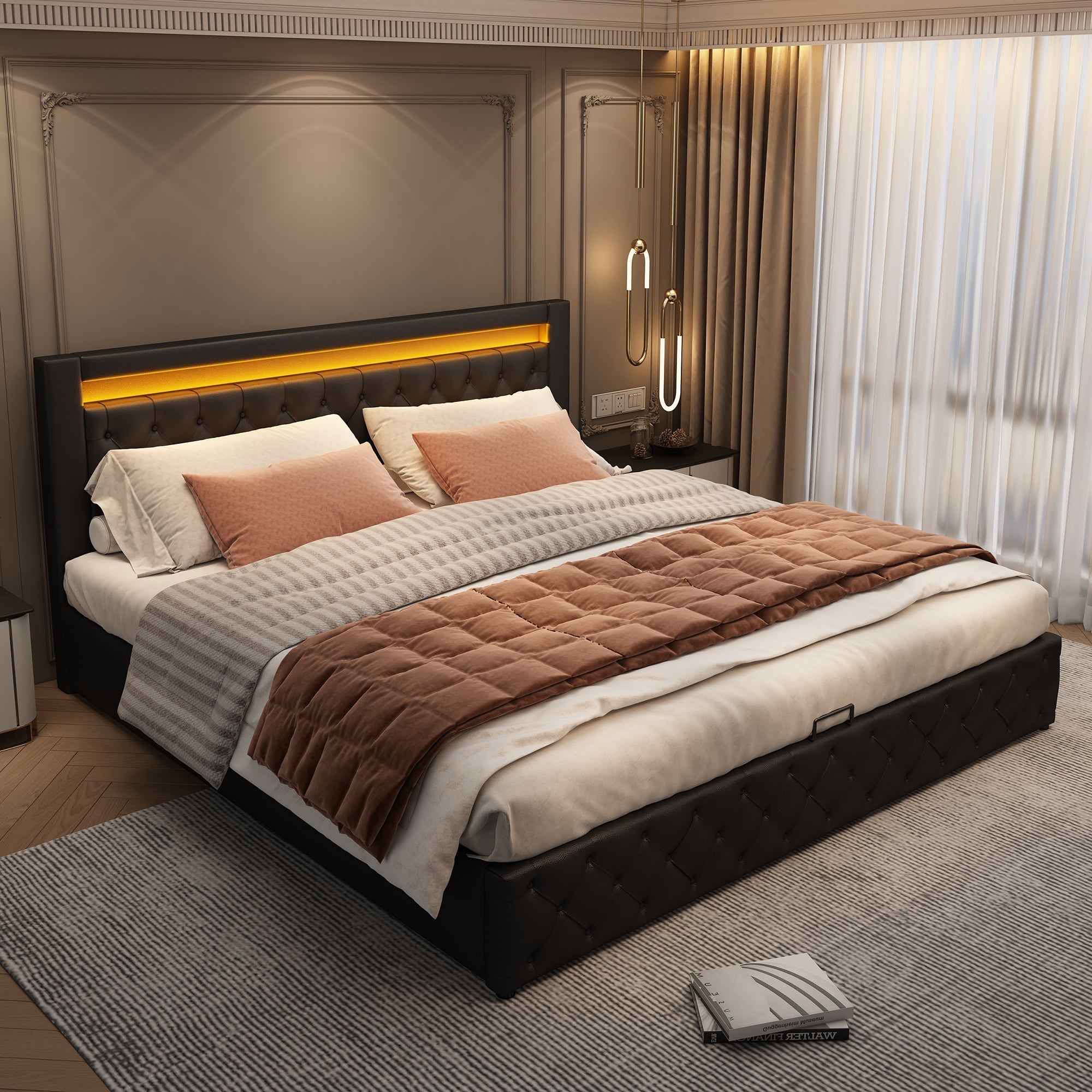 Upholstered Bed 140x200cm Storage LED Slatted Frame - Black PU
