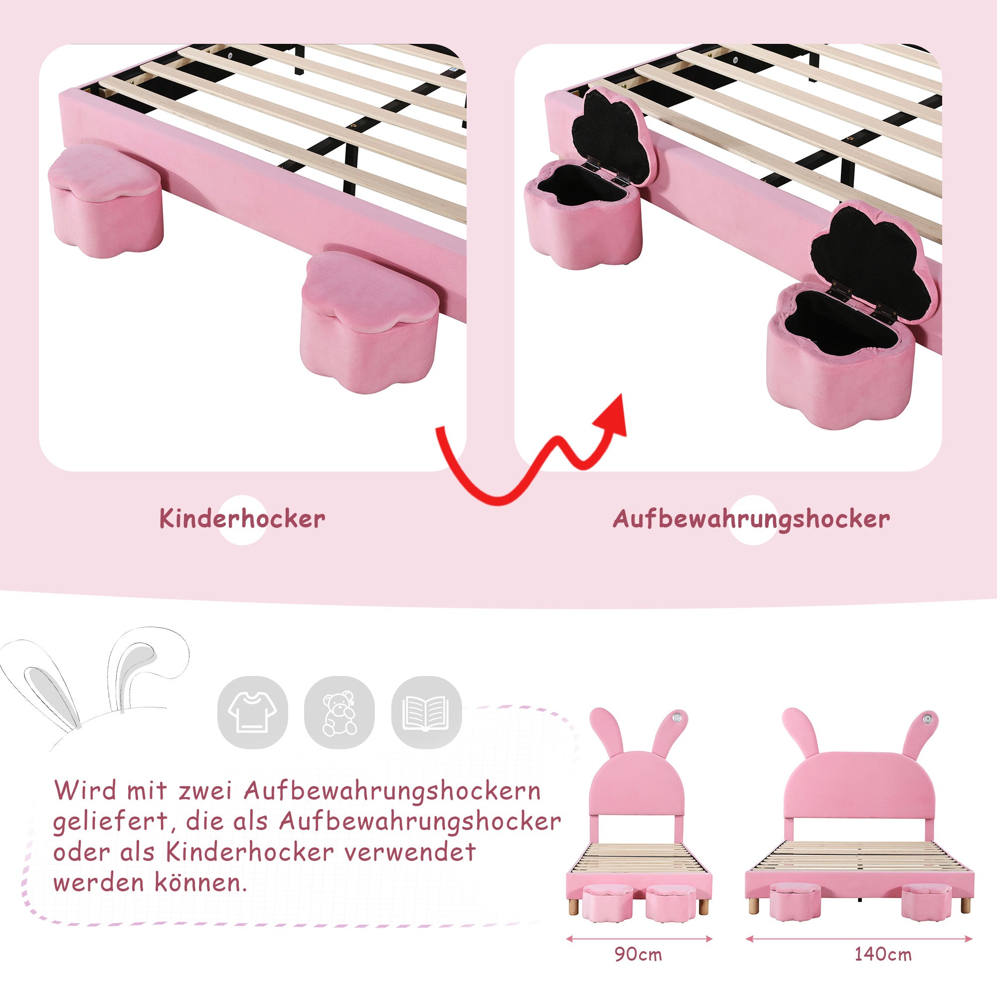 Upholstered Bed 140x200, LED Lighting, Storage Stools, Adjustable Headboard, French Velvet Pink