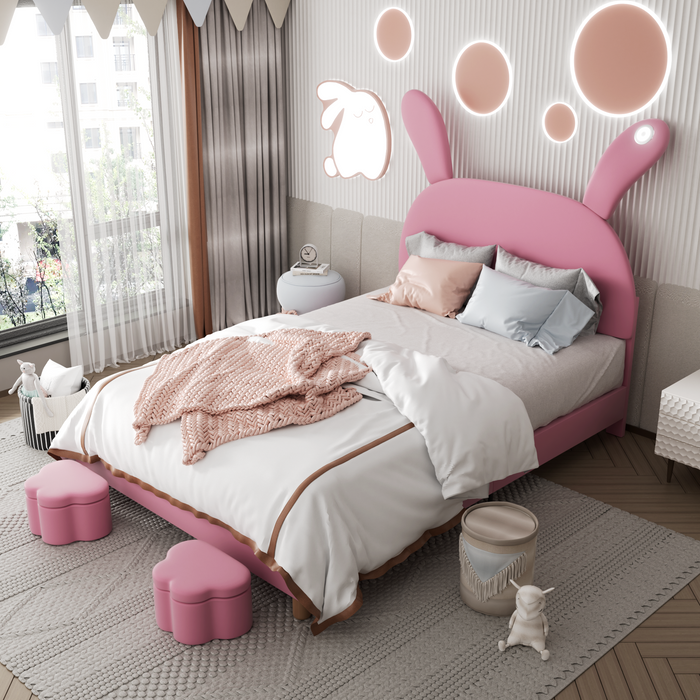 Upholstered Bed 140x200, LED Lighting, Storage Stools, Adjustable Headboard, French Velvet Pink