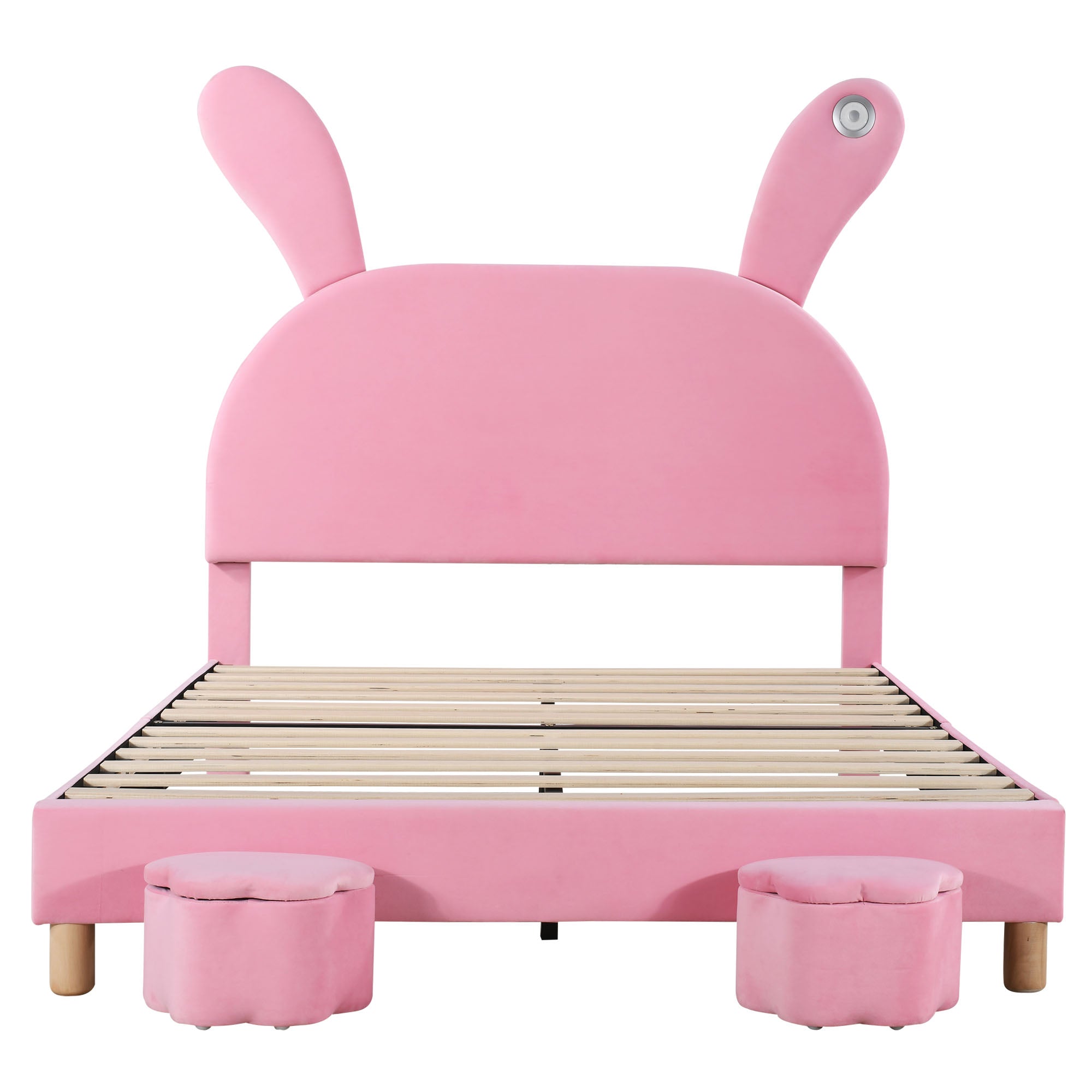 Upholstered Bed 140x200, LED Lighting, Storage Stools, Adjustable Headboard, French Velvet Pink