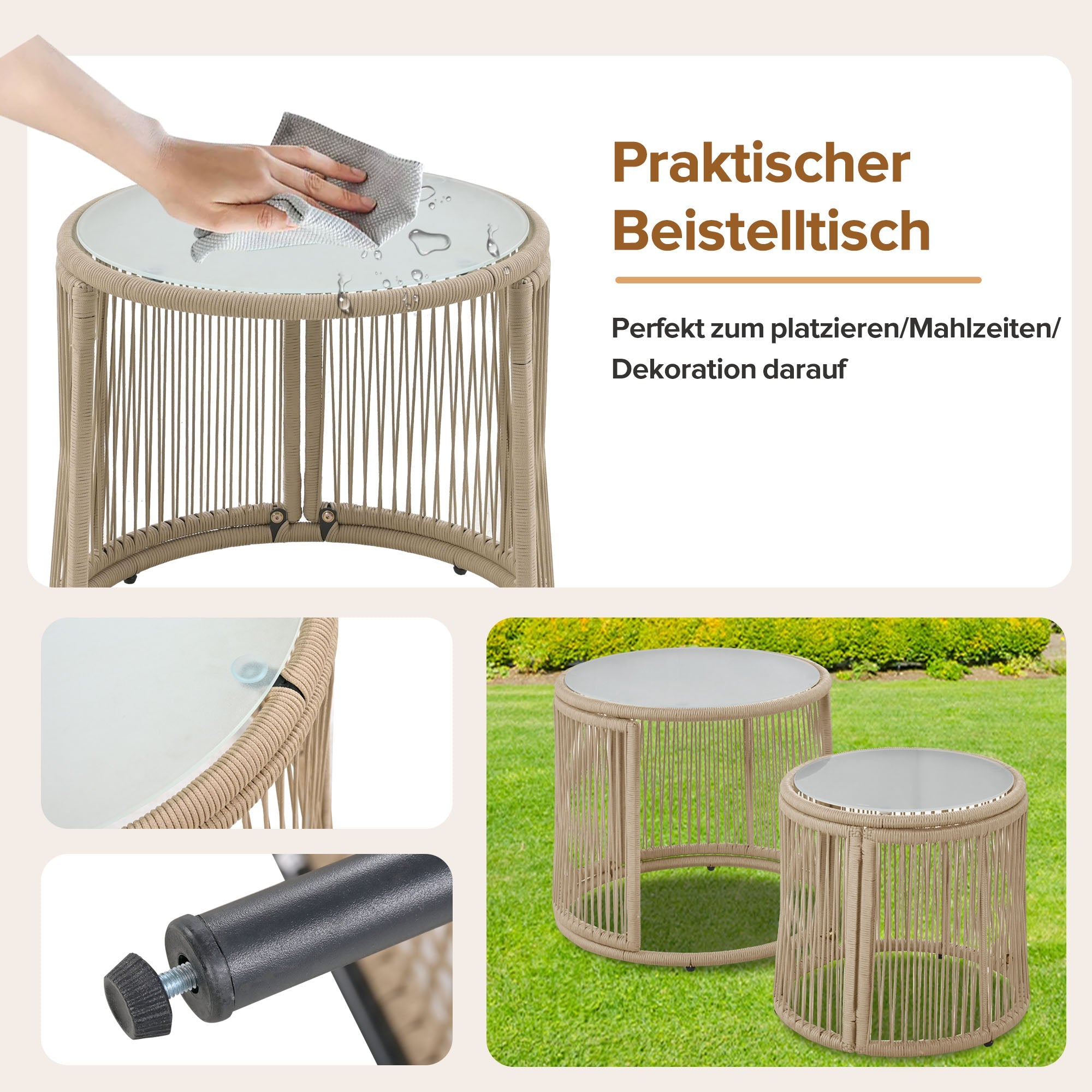 Garden Lounge Set, 6-Piece Woven Rope Furniture with Iron Frame, Beige