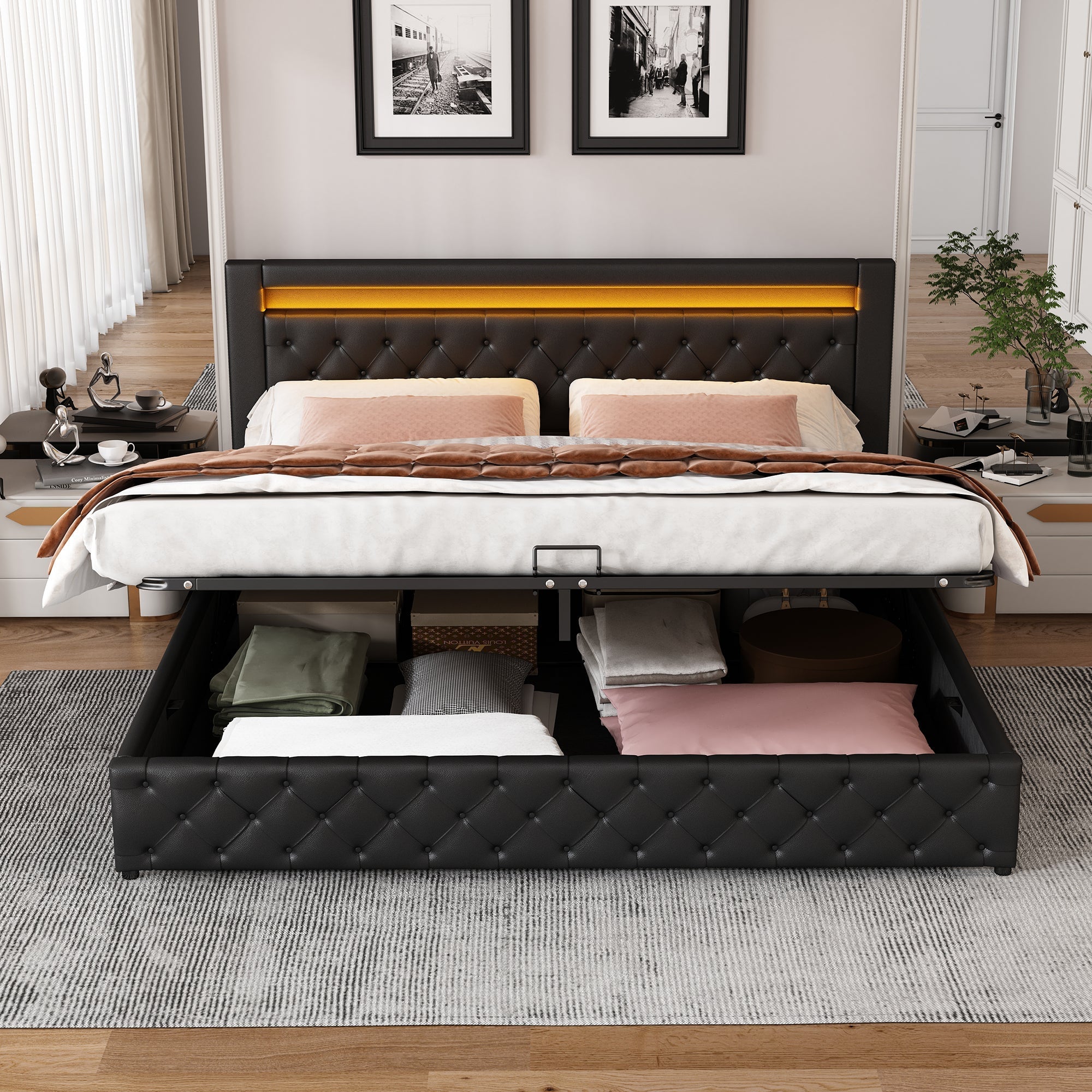Upholstered Bed 140x190cm Hydraulic Storage Slatted Base LED Light Black PU