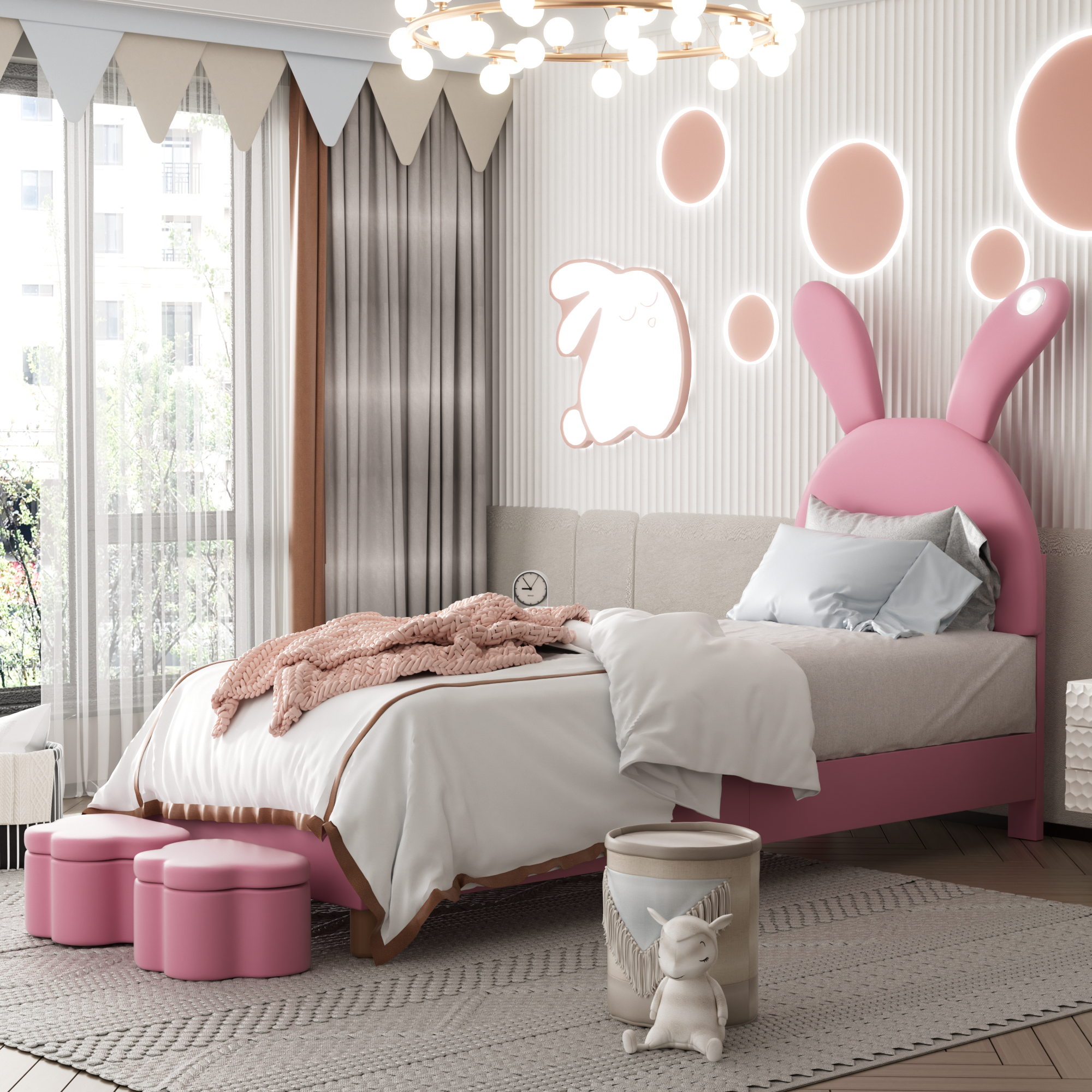 Upholstered Bed with Storage Stools, LED Lighting and Bunny Ears, Pink French Velvet