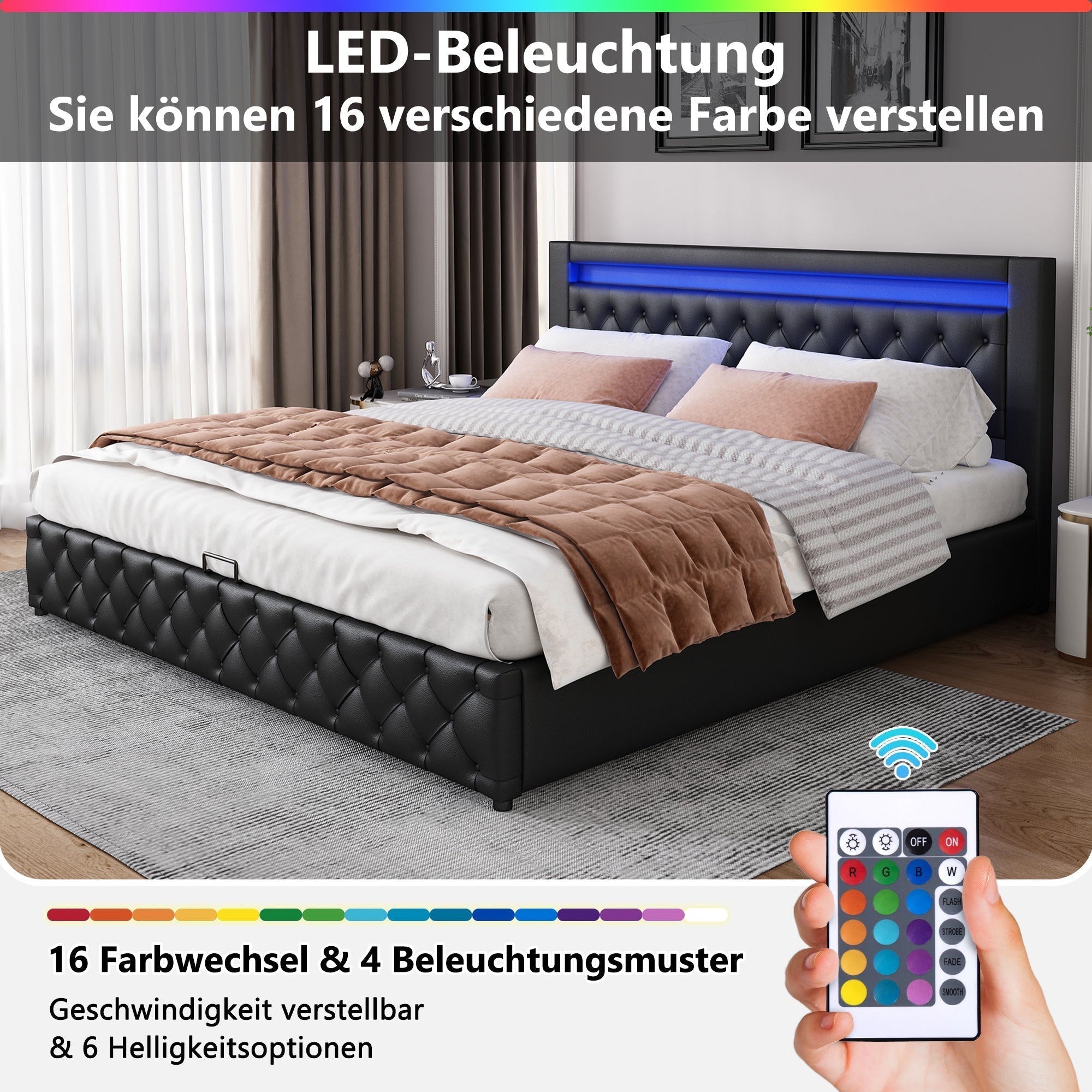 Upholstered Bed 140x200cm Storage LED Slatted Frame - Black PU