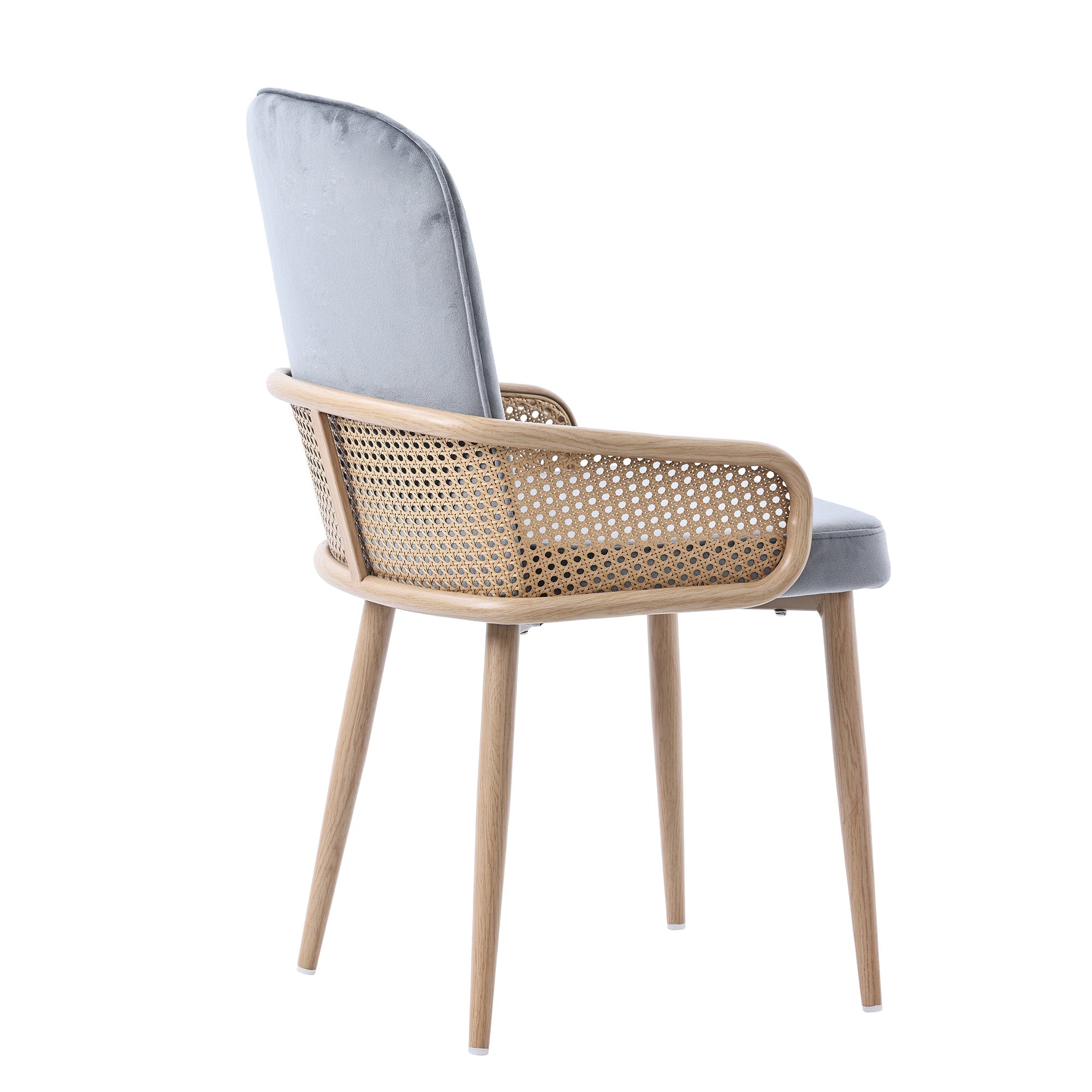 Velvet Dining Chair Set of 6 with Rattan Design and Metal Legs, Grey