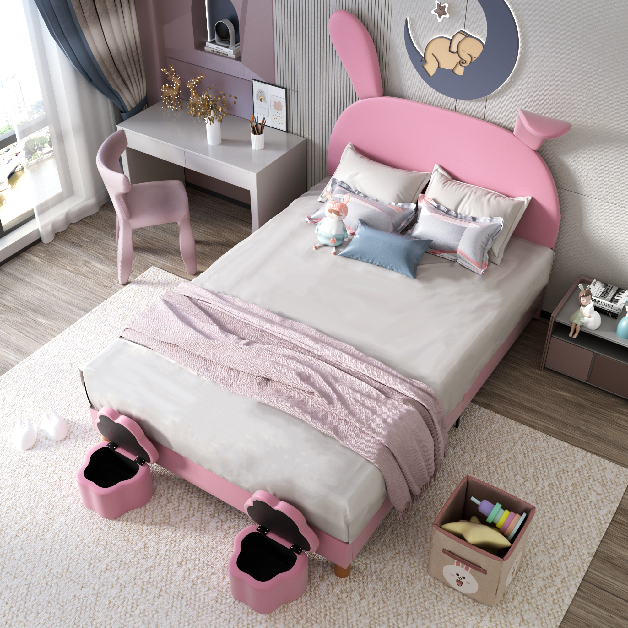 Upholstered Bed 140x200, LED Lighting, Storage Stools, Adjustable Headboard, French Velvet Pink