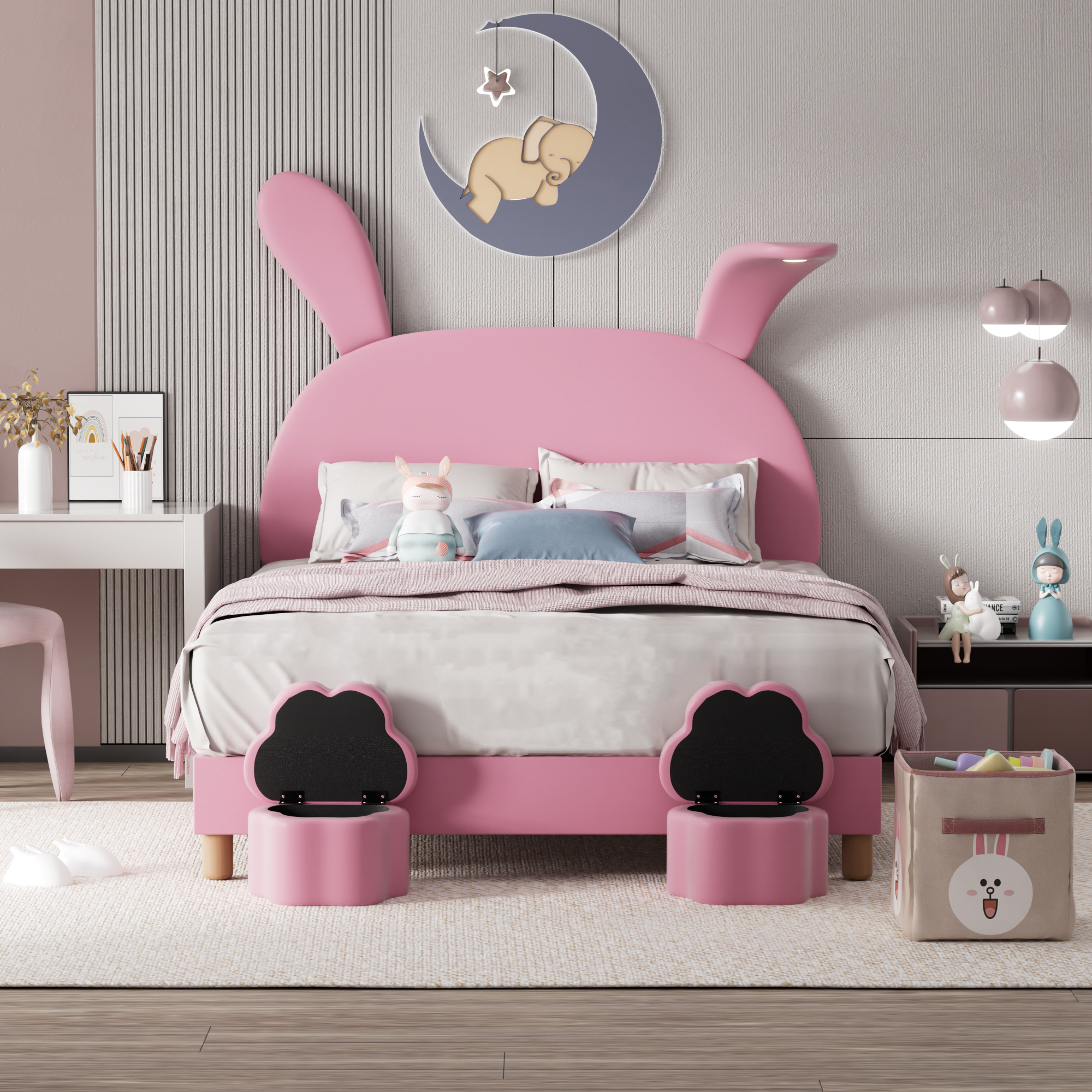 Upholstered Bed 140x200, LED Lighting, Storage Stools, Adjustable Headboard, French Velvet Pink