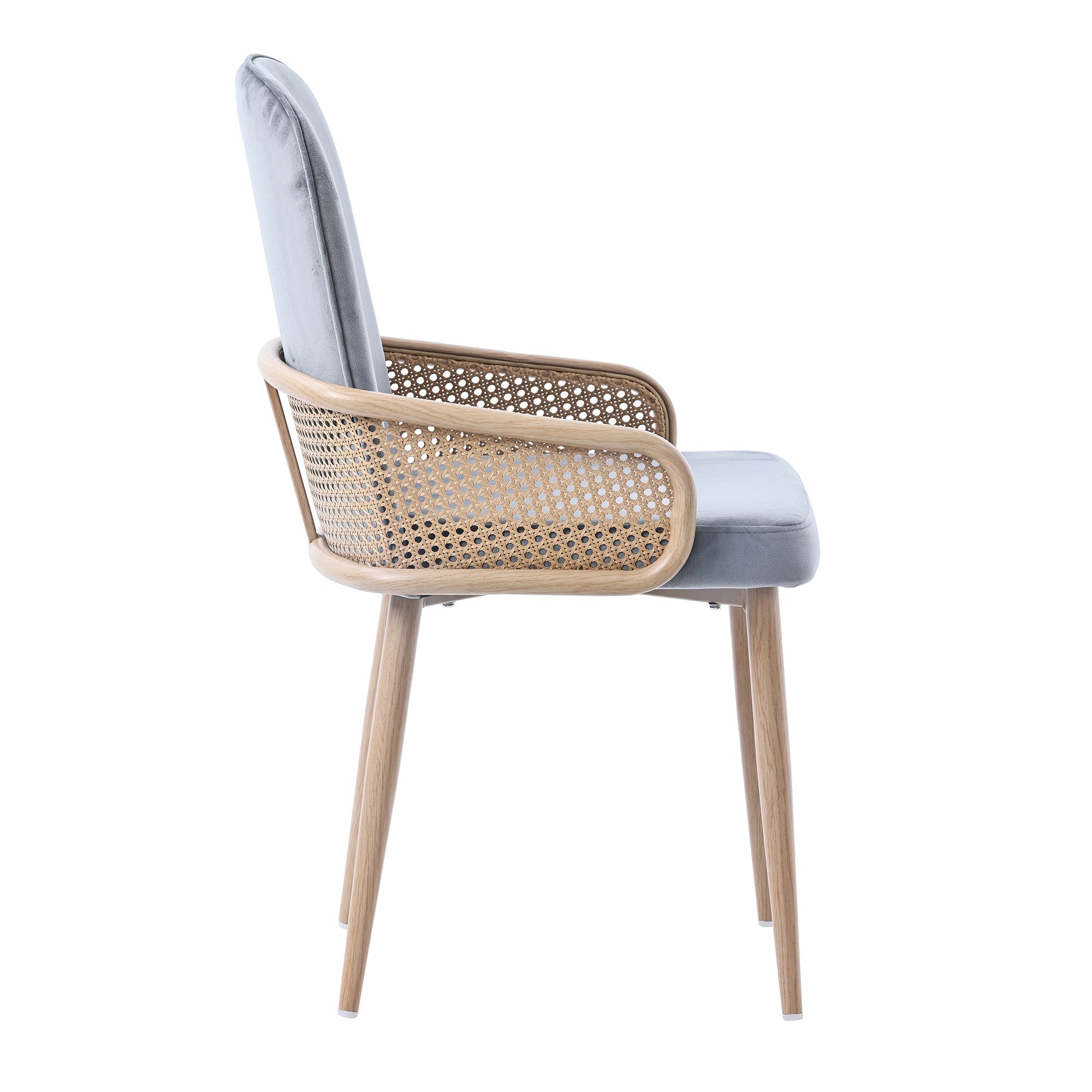 Velvet Dining Chair Set of 6 with Rattan Design and Metal Legs, Grey