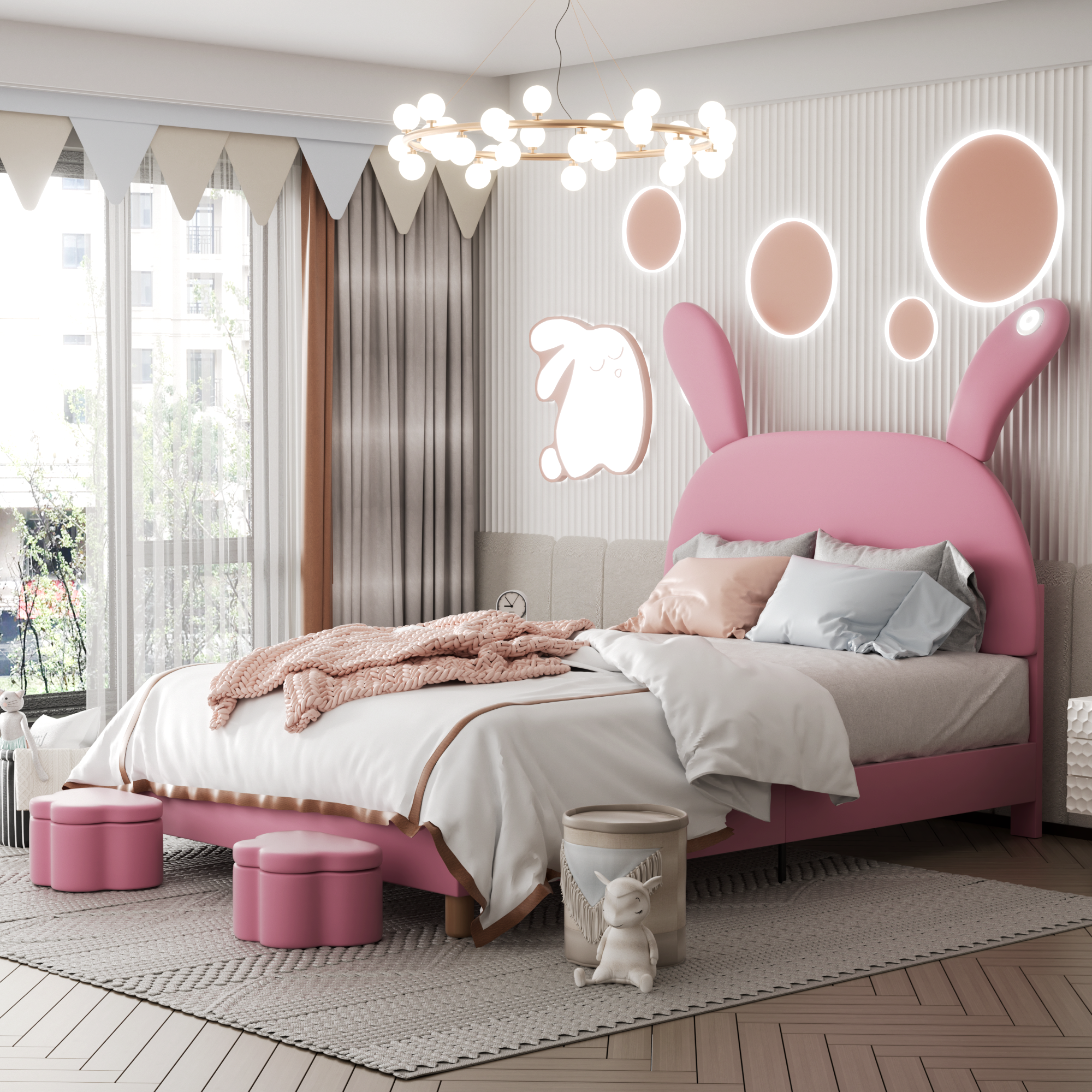 Upholstered Bed 140x200, LED Lighting, Storage Stools, Adjustable Headboard, French Velvet Pink