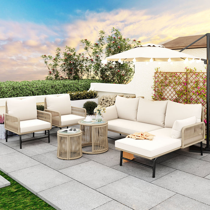 Garden Lounge Set, 6-Piece Woven Rope Furniture with Iron Frame, Beige