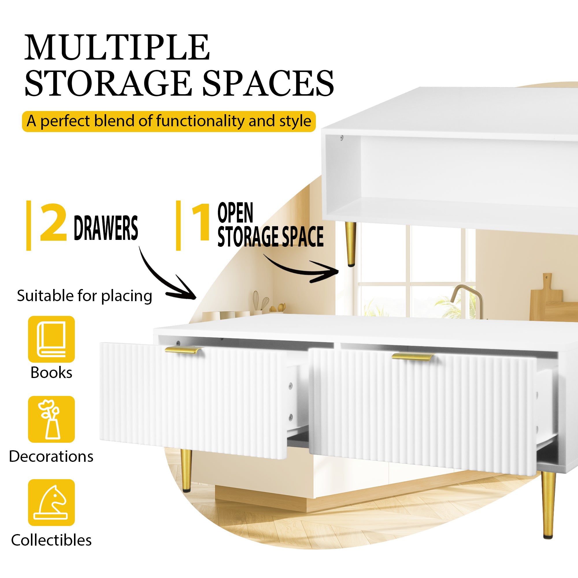 Modern White Coffee Table with 2 Drawers, Vertical Stripe Design, 100x50x40cm, Gold Accents