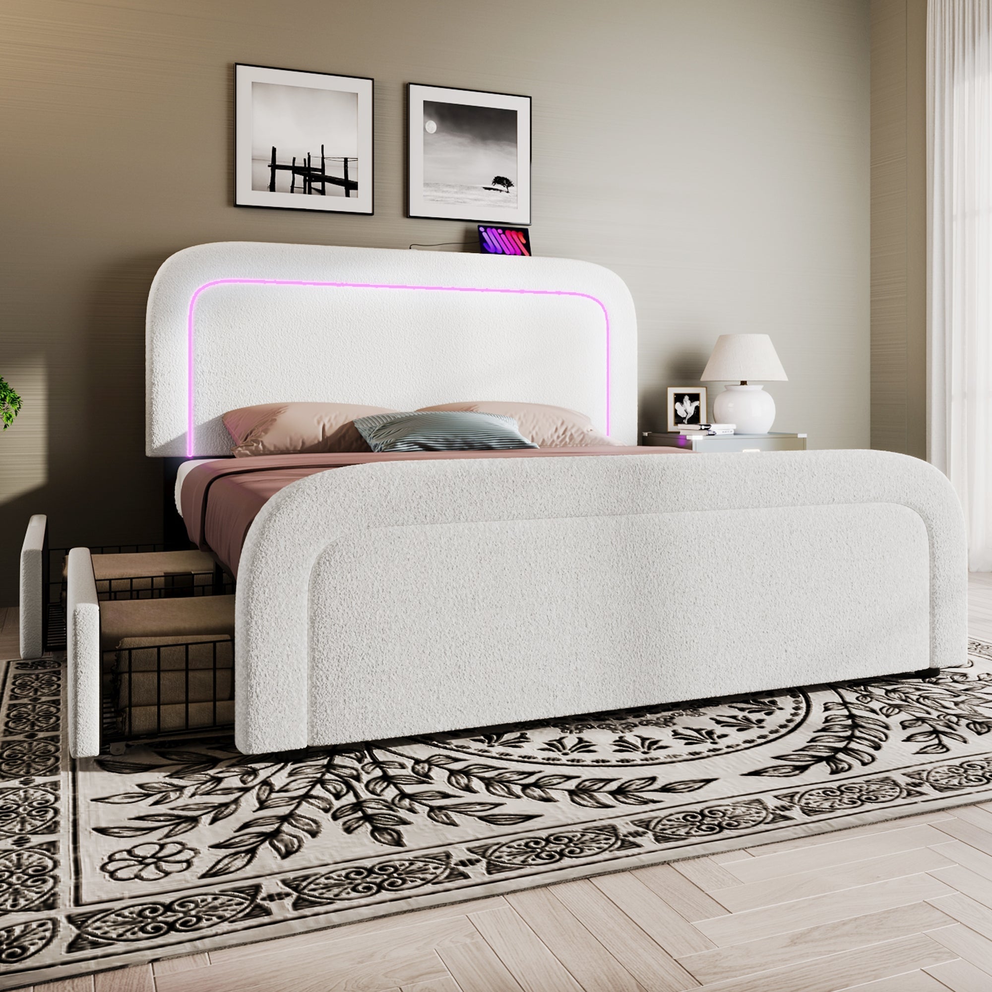 Upholstered Bed Frame with USB Type C, LED and 4 Drawers, 160x200cm, Sherpa White