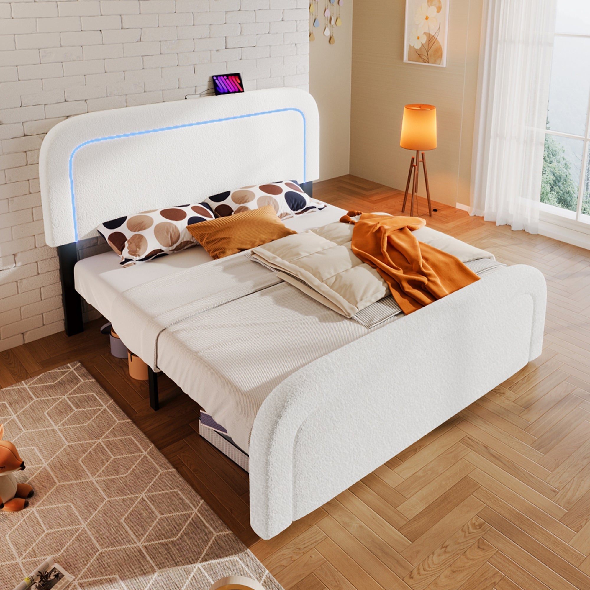 Bed Frame, 160x200cm Upholstered with USB-C & LED, Wood Slatted, Sherp White
