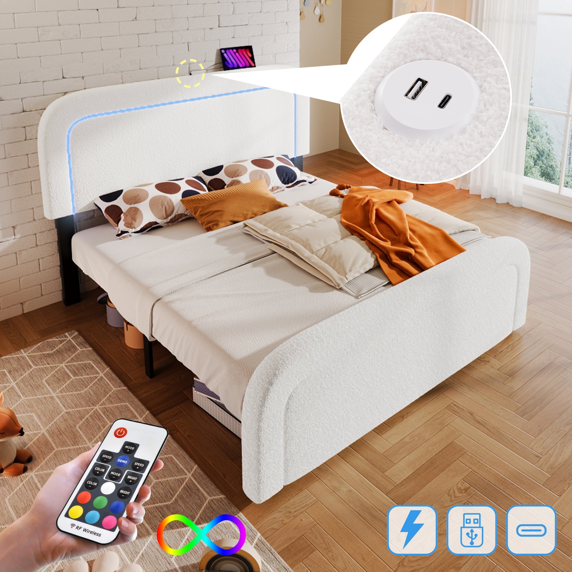 Bed Frame, 160x200cm Upholstered with USB-C & LED, Wood Slatted, Sherp White