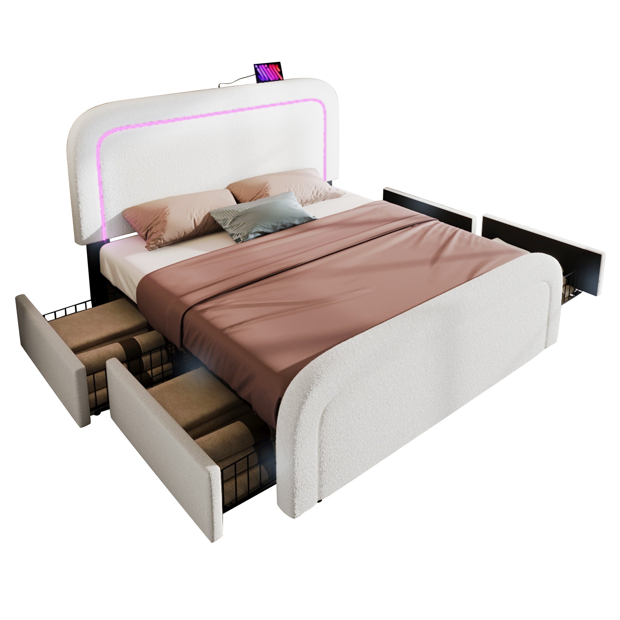 Bed Frame, USB-C Charging, LED, 4 Drawers, 140x200cm, Adjustable Headboard, Wooden Slats, Sherpa White