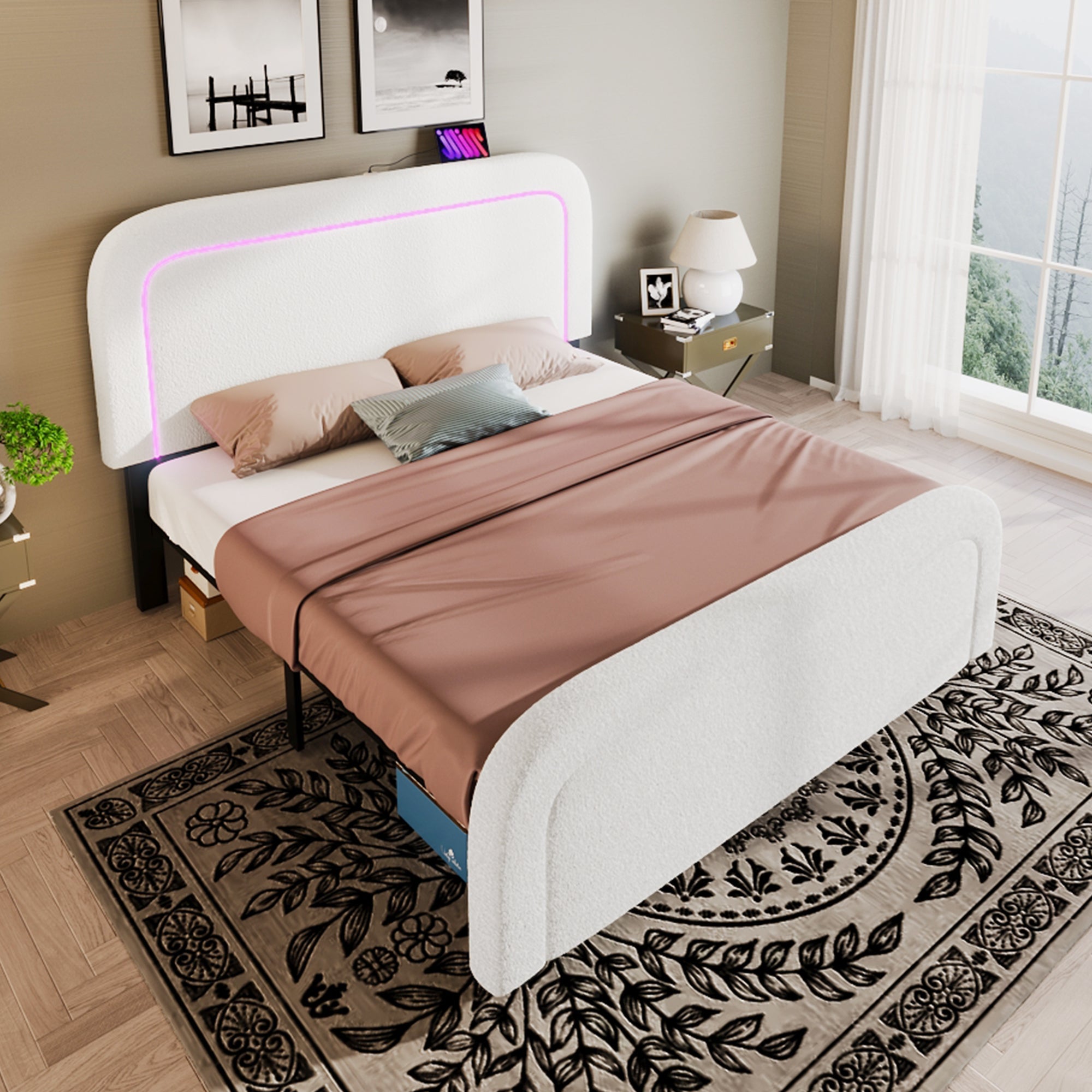 Bed Frame, 160x200cm Upholstered with USB-C & LED, Wood Slatted, Sherp White