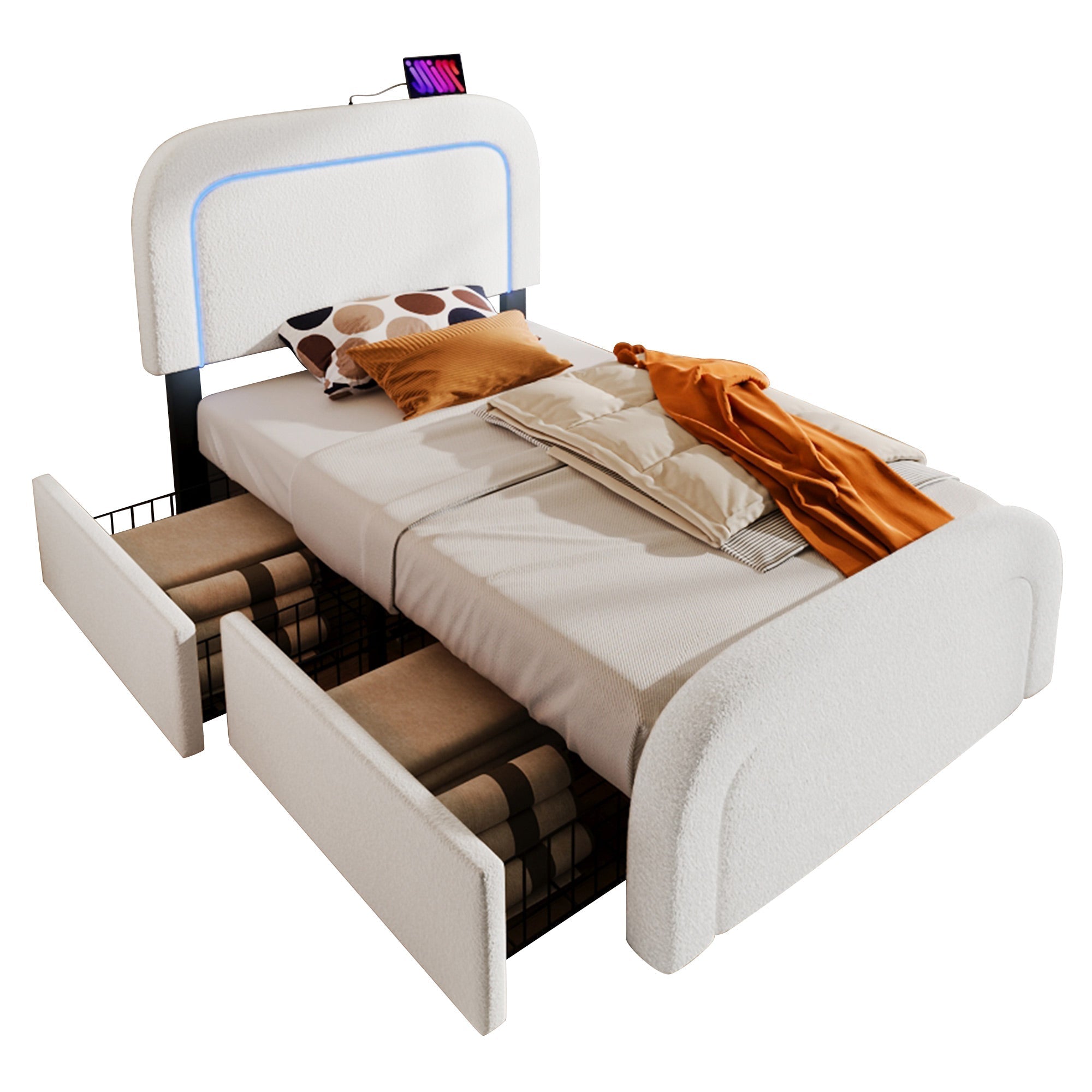 Bed Frame, USB-C LED Storage, Adjustable Headboard, Sherpa White