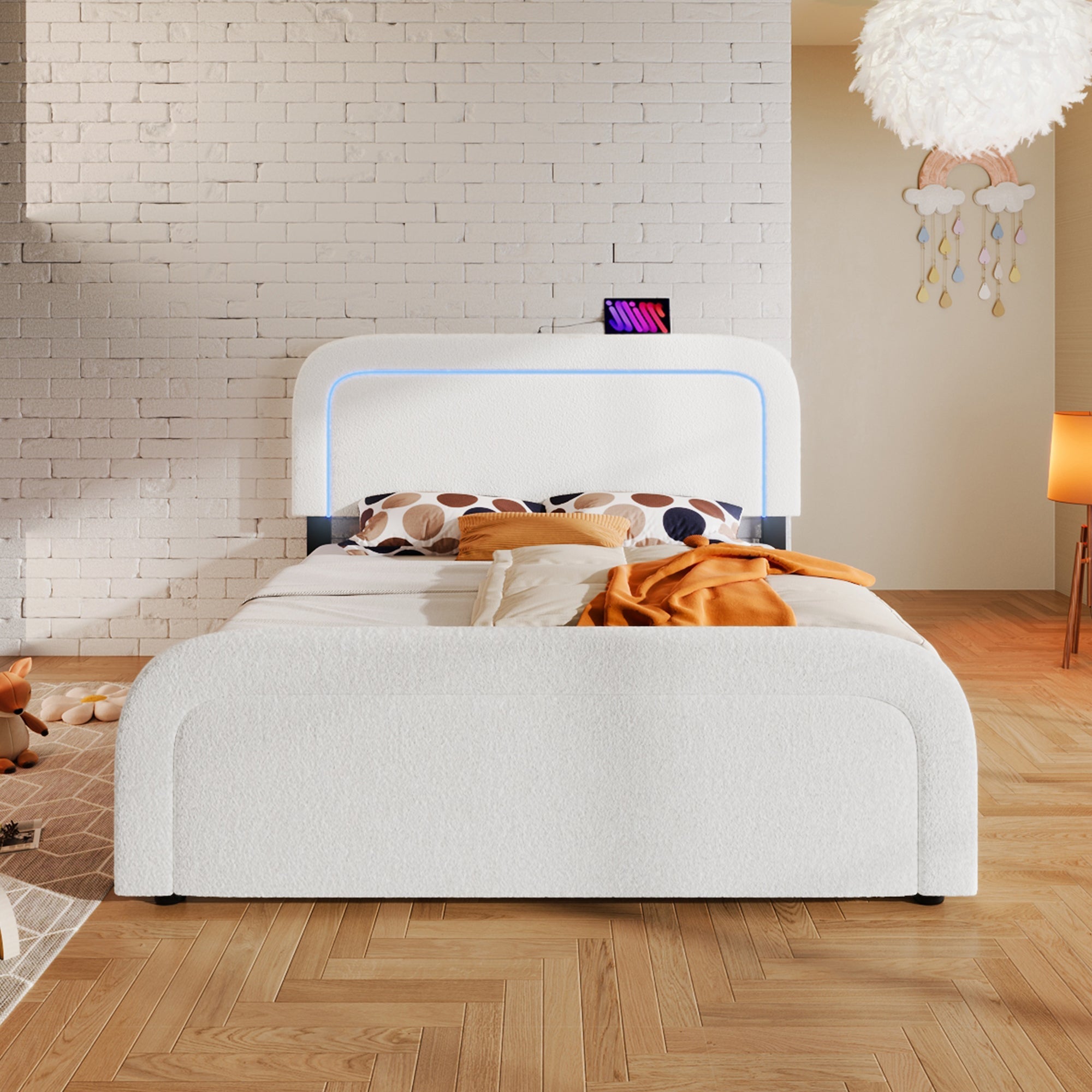Bed Frame, 160x200cm Upholstered with USB-C & LED, Wood Slatted, Sherp White
