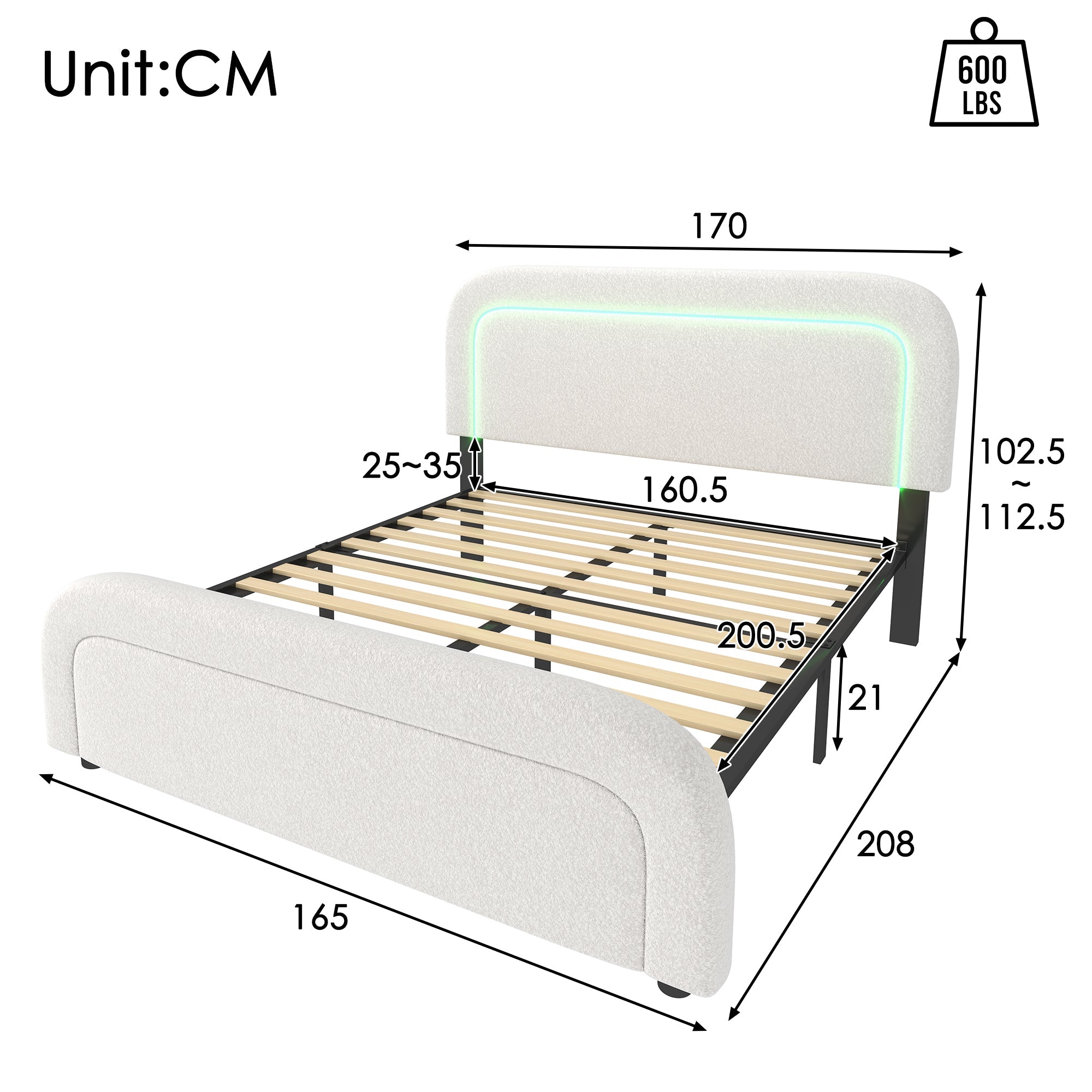 Bed Frame, 160x200cm Upholstered with USB-C & LED, Wood Slatted, Sherp White